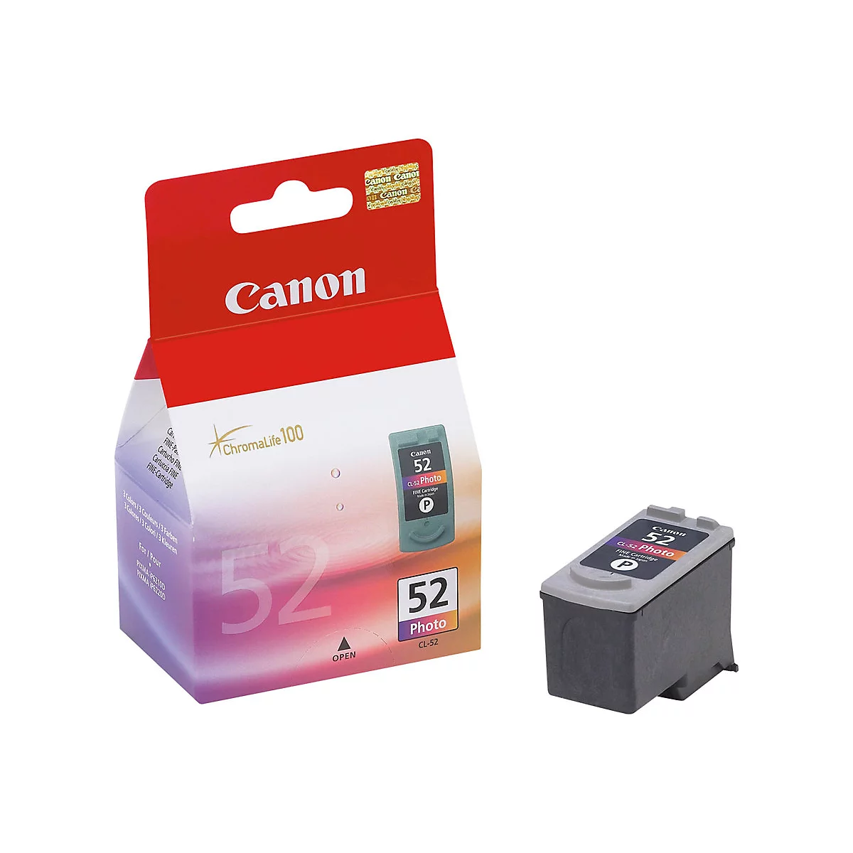 Produktabbildung einer Canon Tintenpatrone CL-52 Photo mit Verpackung. Die Verpackung ist rot und weiß, die Patrone grau und schwarz.