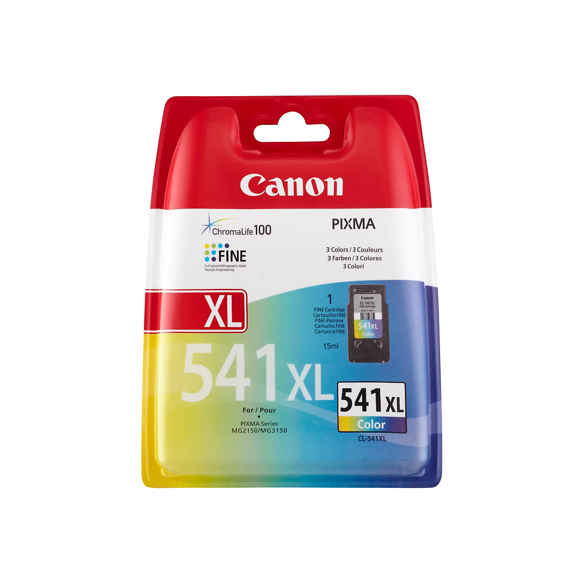 Verpackung einer Canon 541XL Druckerpatrone. Das Produkt zeigt die Farben, die Bezeichnung, und die Marke.