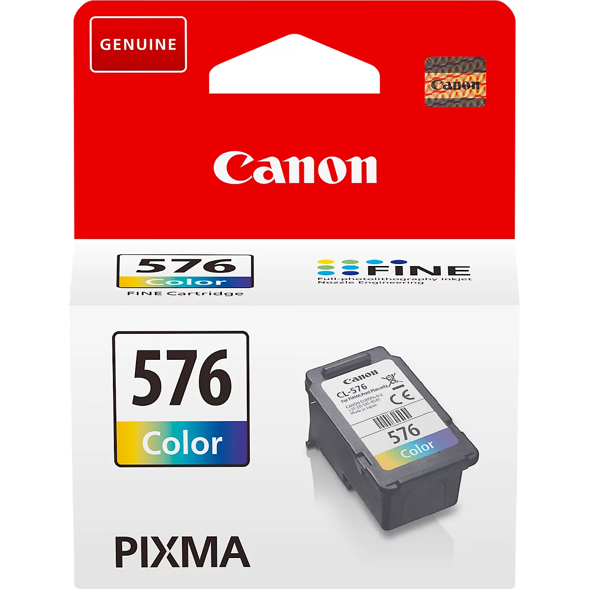 Canon CL-576 color ink cartridge. Red packaging with product image, lettering, and color code.