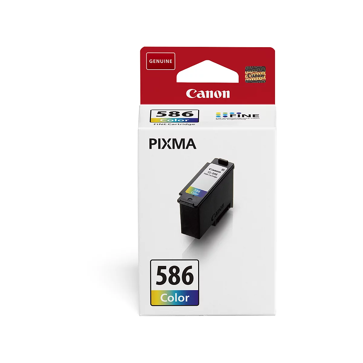 Verpackung einer Canon 586 Color FINE Tintenpatrone. Auf der Verpackung steht "Genuine" und "PIXMA". Die Patrone selbst ist im Bild zu sehen.