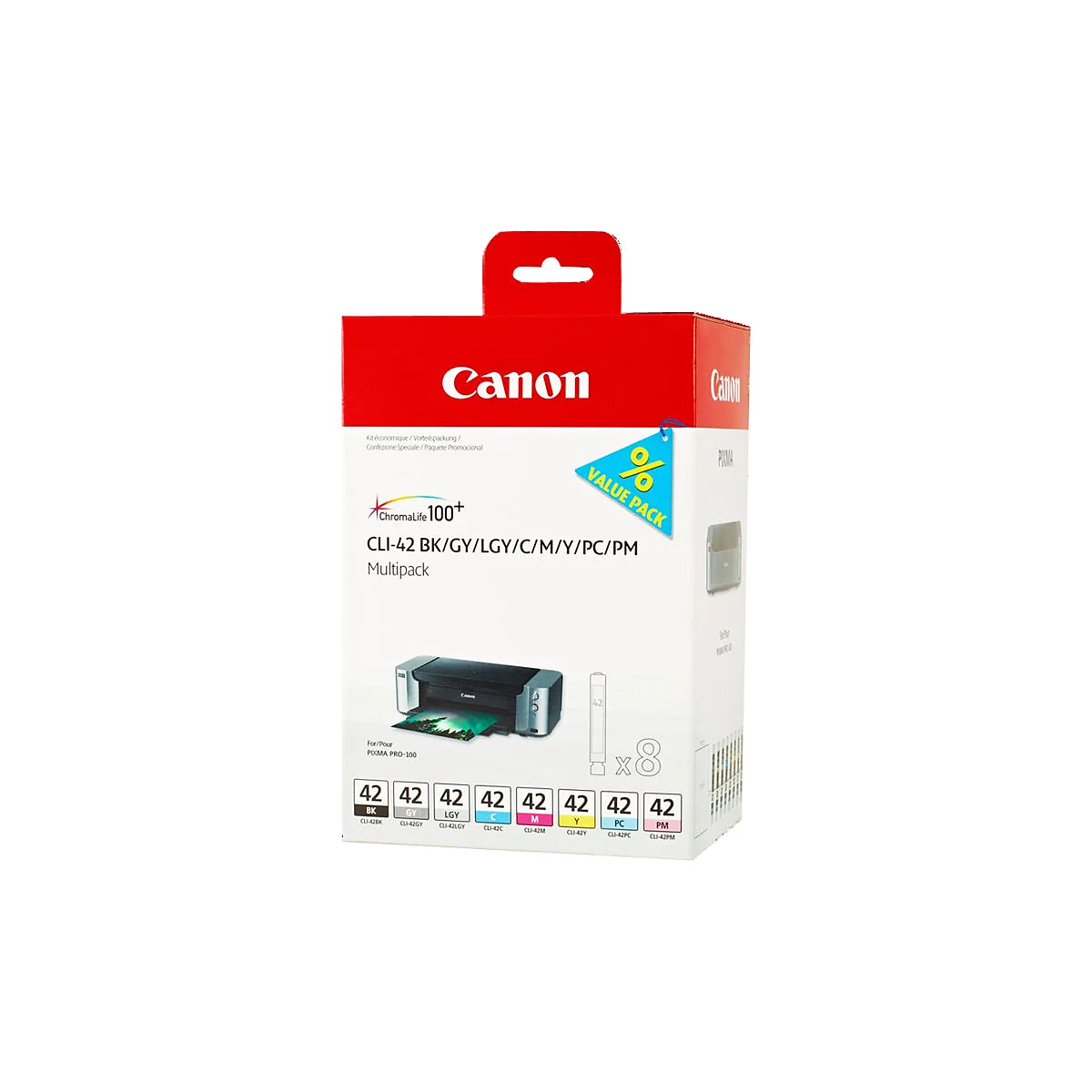 Canon Druckerpatronen-Multipack-Verpackung, rot und weiß, mit Text und Abbildungen.