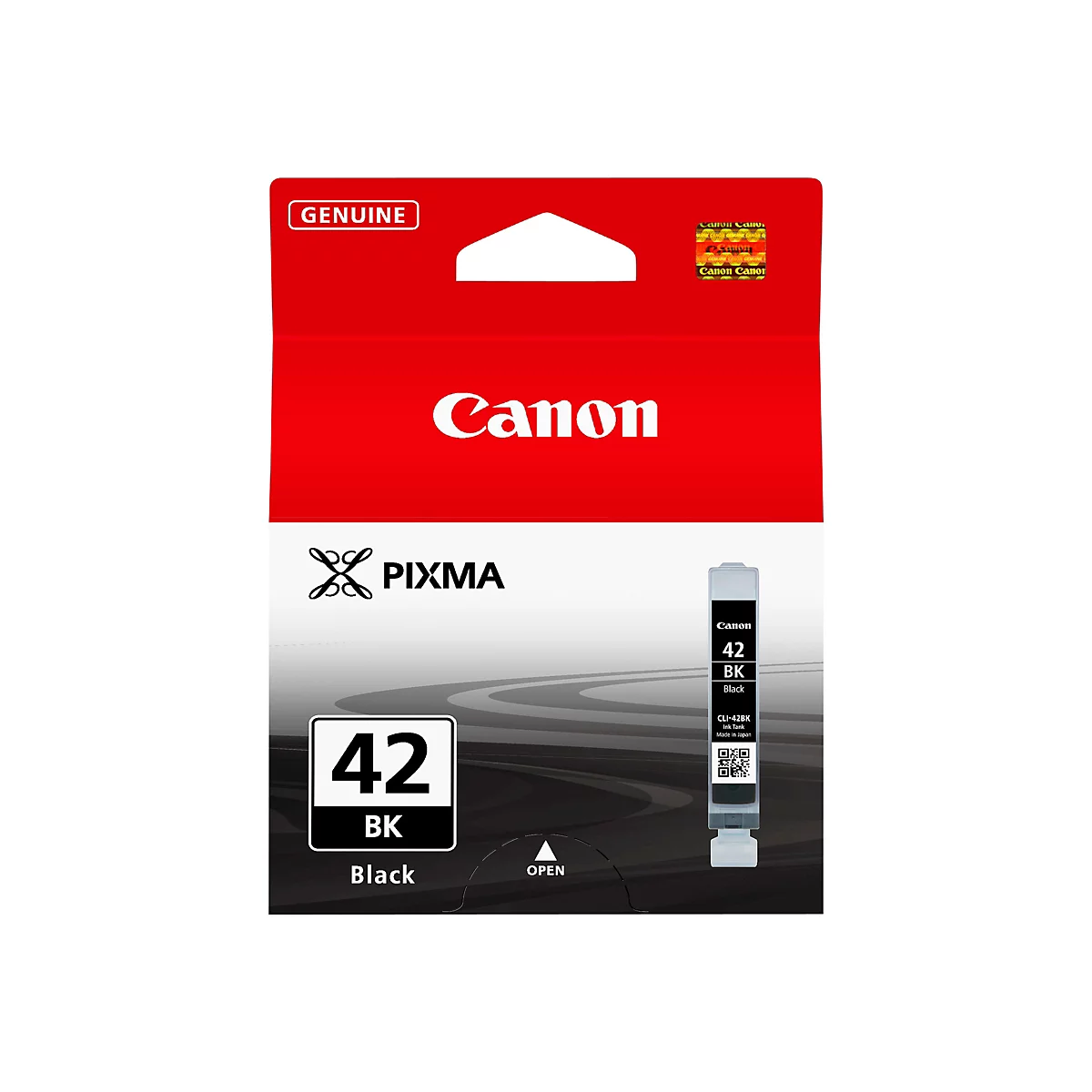 Schwarze Tintenpatrone für Canon Drucker, verpackt in einer roten Schachtel. Darauf steht Canon, PIXMA, 42, BK, Black und 'OPEN'.