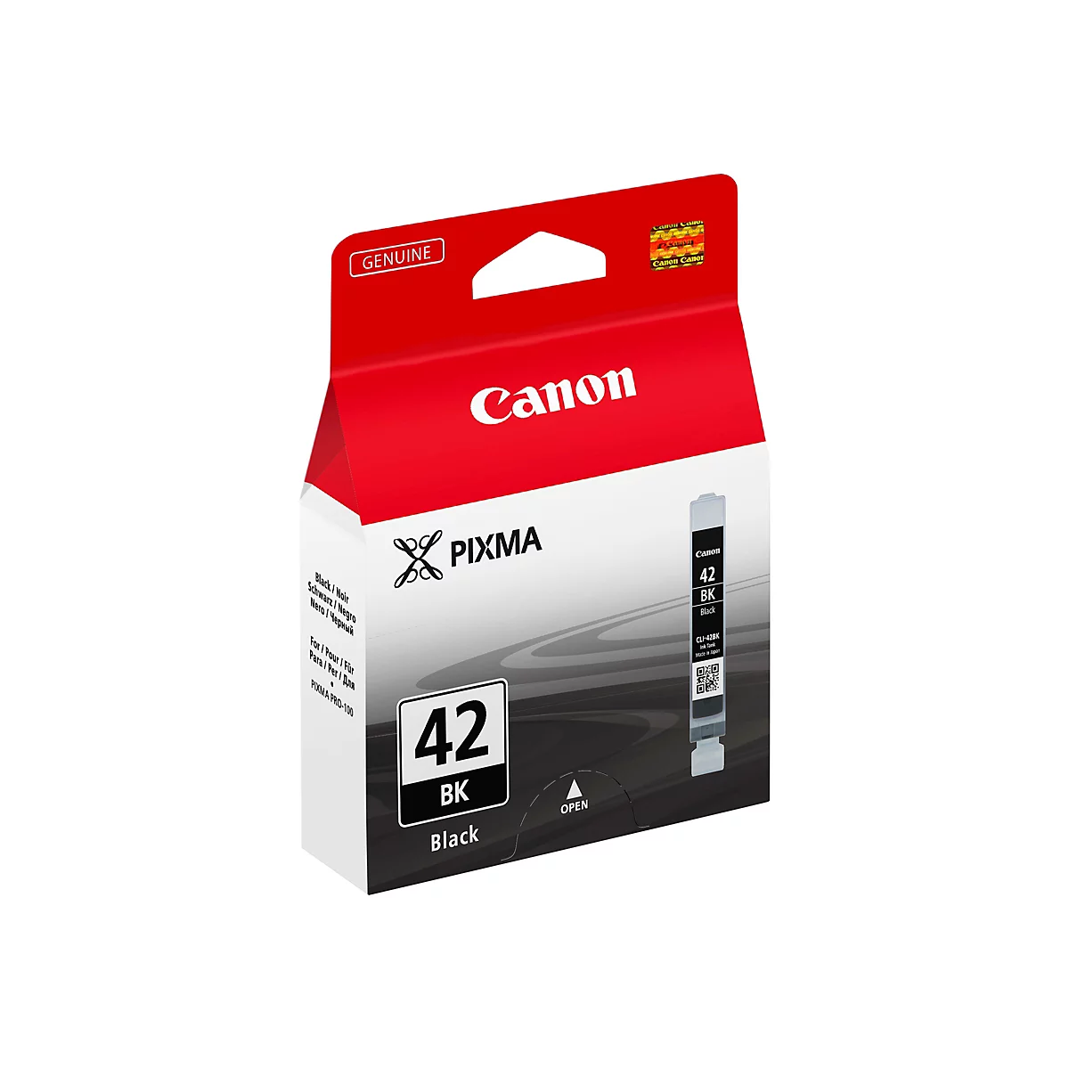Schwarze Tintenpatrone für Canon Pixma Drucker, verpackt in einem weißen Karton mit roten Akzenten. Auf dem Karton ist der Markenname Canon, das Modell 42BK und der Hinweis "Black" zu sehen.