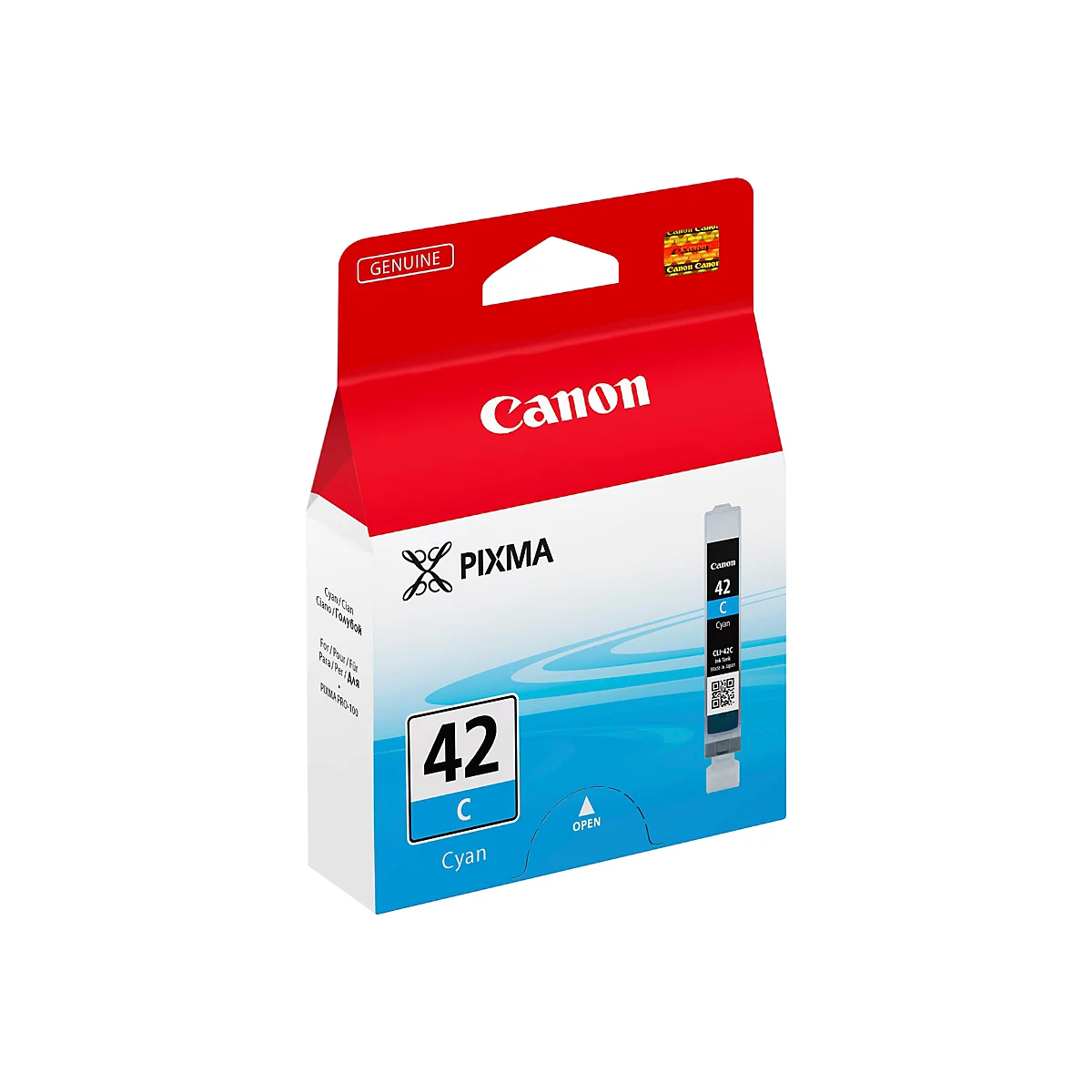 Eine Canon-Tintenpatrone, verpackt in einer rot-weiß-blauen Schachtel. Die Verpackung trägt das Canon-Logo, die Aufschrift "PIXMA" und "42 C Cyan".