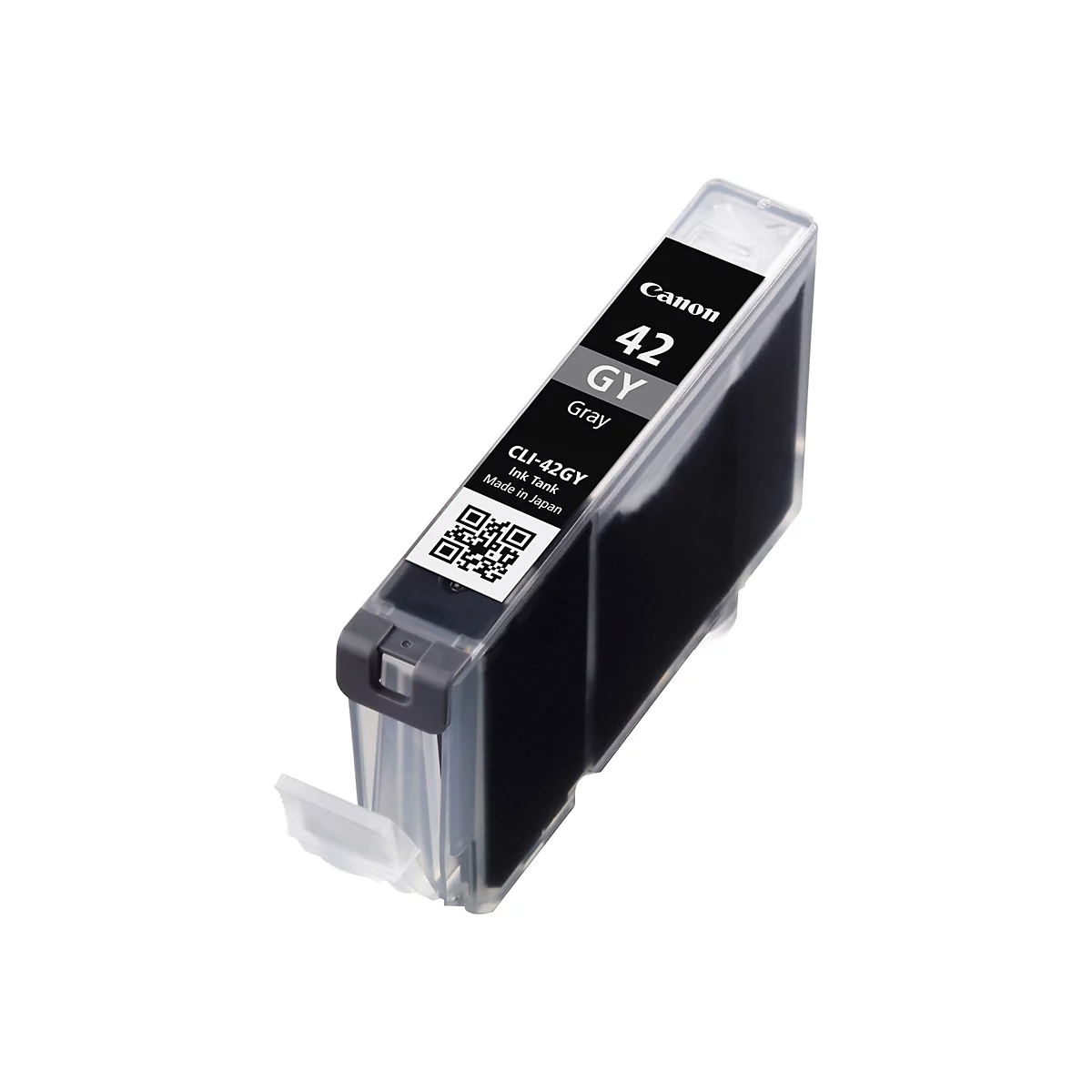 Graue Canon Tintenpatrone, Modell CLI-42GY. Die Patrone hat einen schwarzen Aufdruck mit Produktinformationen.