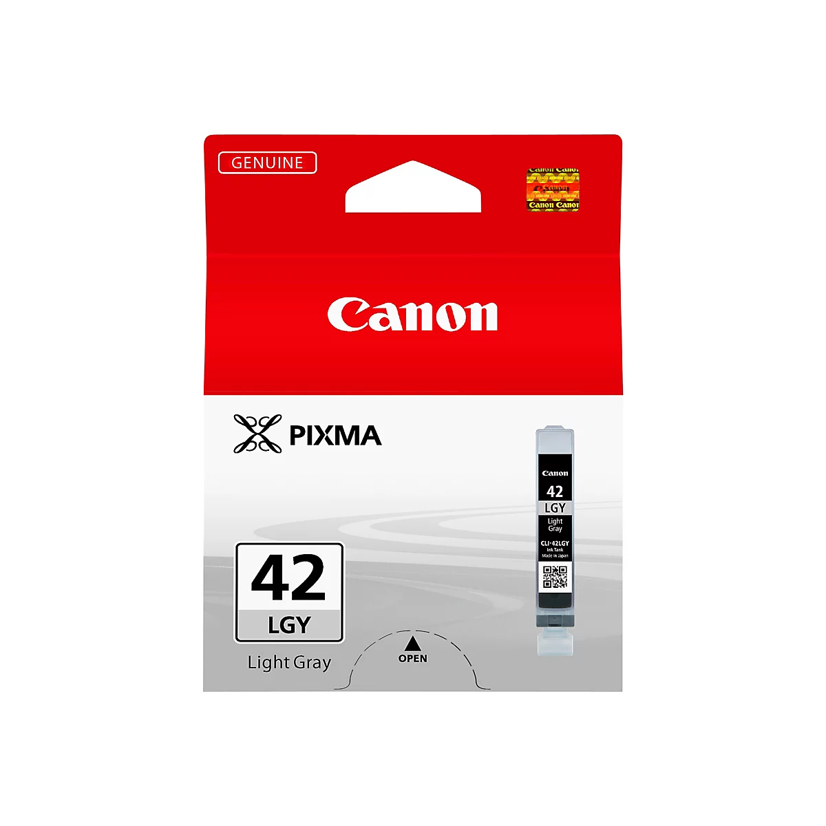 Eine Canon Tintenpatrone, Modell 42 LGY, hellgrau, auf rotem Hintergrund. Aufschrift: "Canon", "PIXMA", "GENUINE".