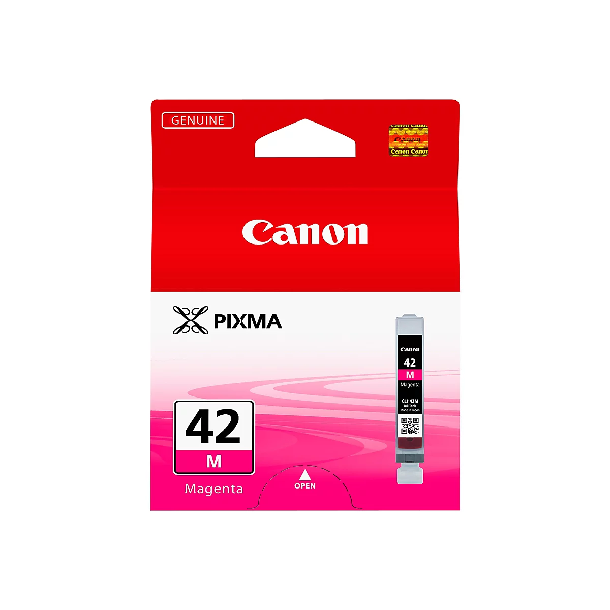 Verpackung einer Canon Tintenpatrone. Auf rotem Hintergrund steht „Canon“ und „PIXMA“. Die Patrone ist magenta und mit „42 M“ beschriftet.