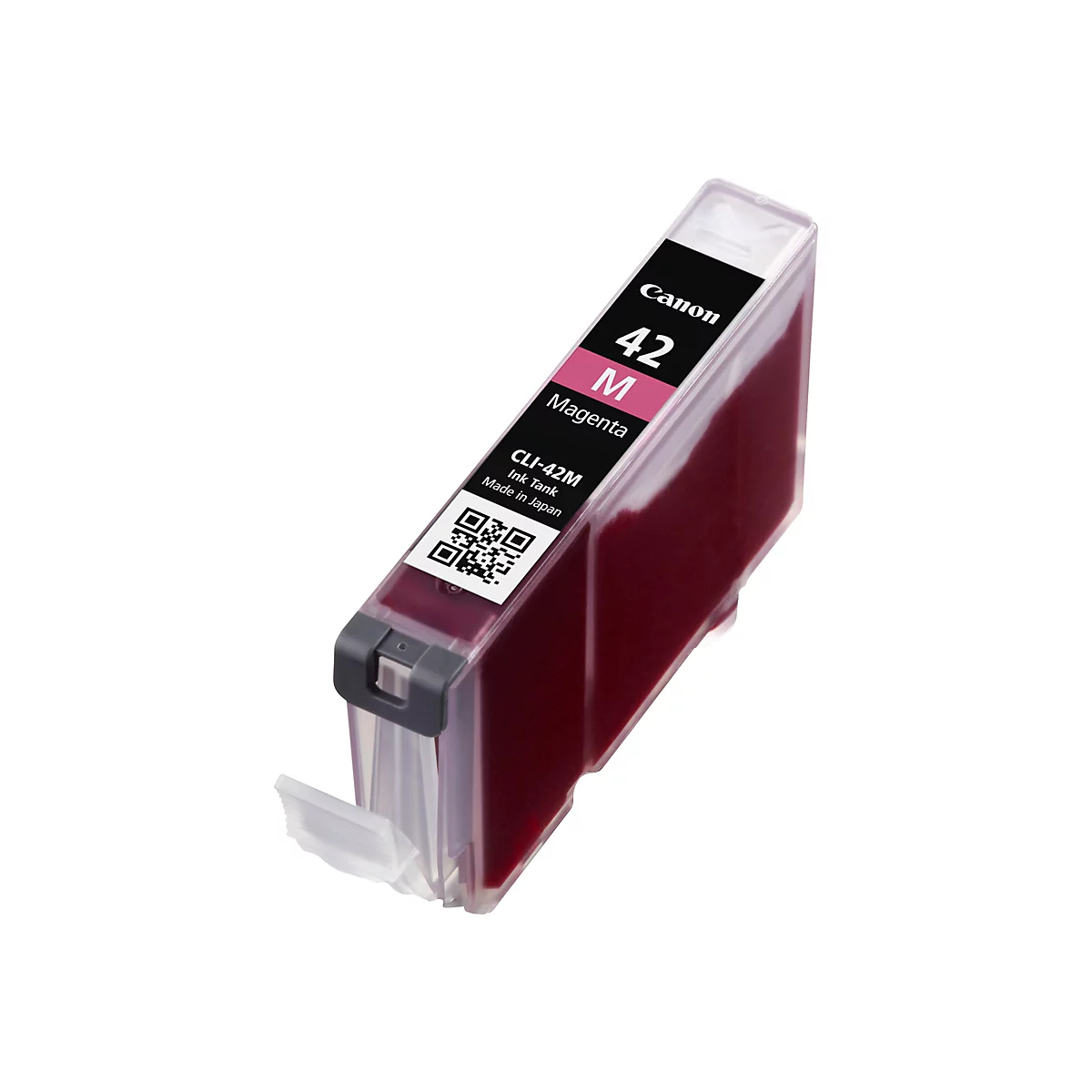 Nahaufnahme einer Canon-Tintenpatrone. Auf der Tintenpatrone stehen die Worte: Canon, 42 M Magenta, CLI-42M Ink Tank Made in Japan.