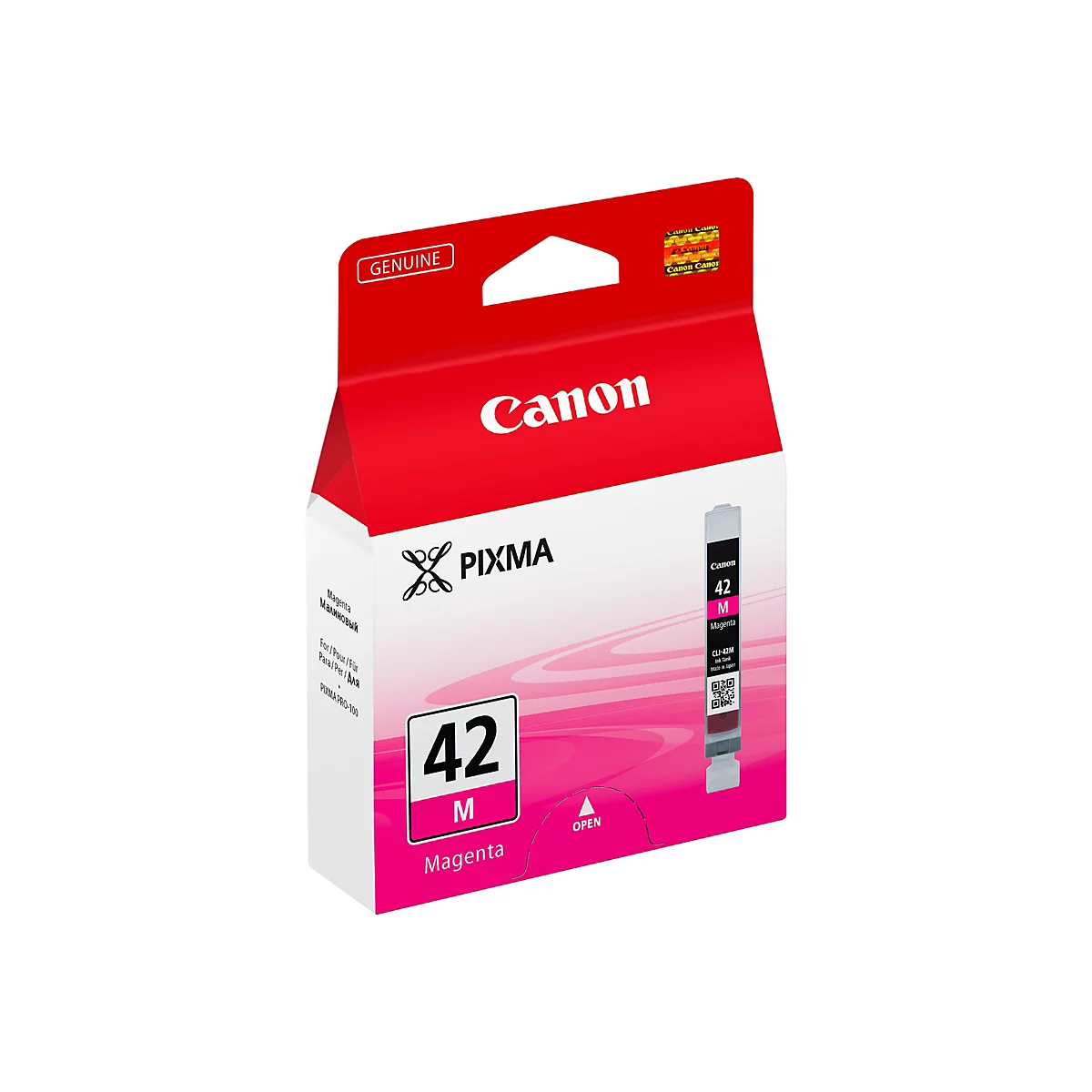 Eine Canon Tintenpatrone, Modell CLI-42M in Magenta, verpackt in einem weißen und pinkfarbenen Karton. Das Produktbild zeigt die Verpackung im Detail.