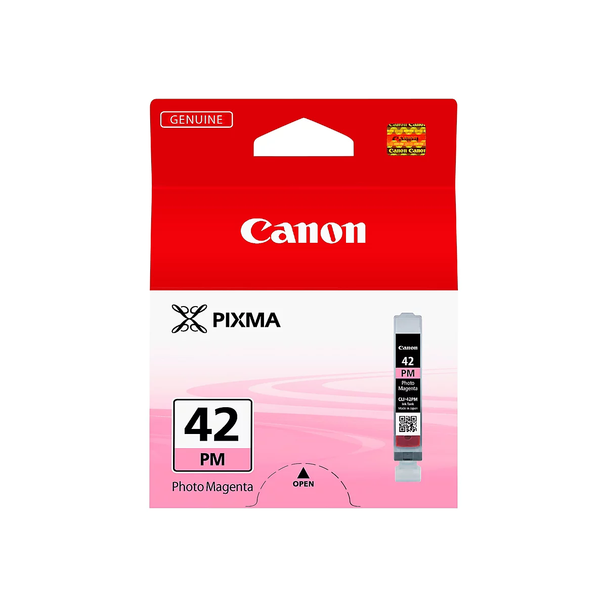 Verpackung einer Canon Tintenpatrone. Roter Hintergrund mit Schriftzug "Canon" und "PIXMA". Enthält Text: "42 PM Photo Magenta".