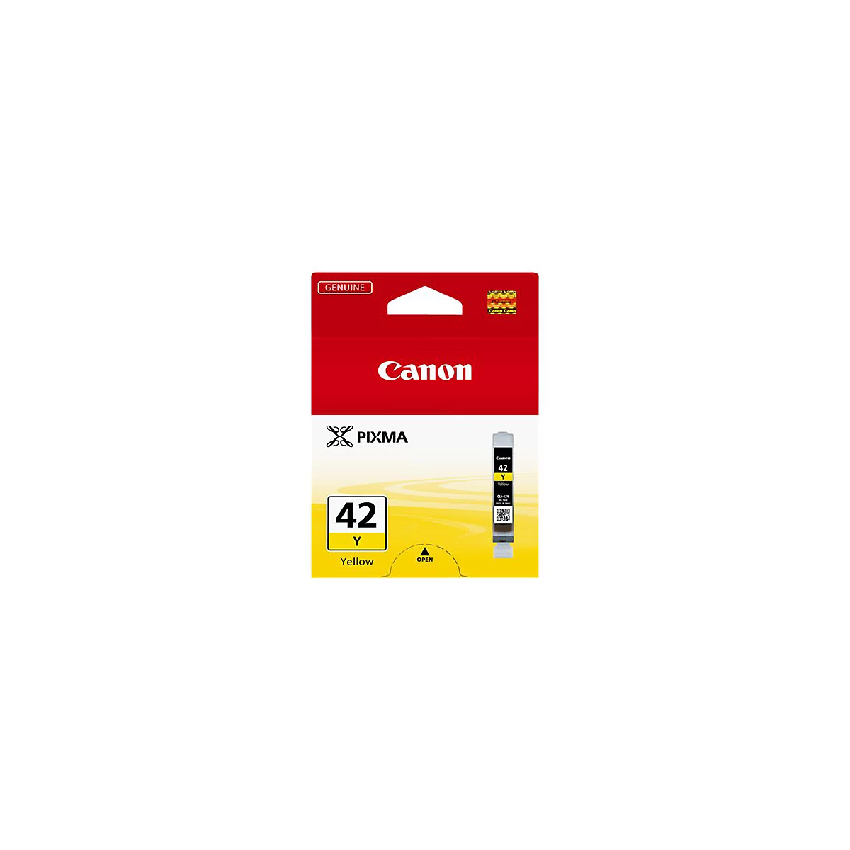Originale gelbe Canon CLI-42Y Tintenpatrone in ihrer weißen und roten Verpackung.