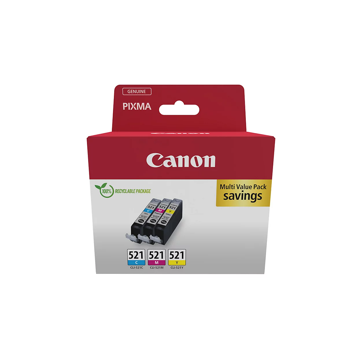 Eine Canon Pixma Tintenpatronen-Packung vor weißem Hintergrund. Die Verpackung ist rot und zeigt das Canon Logo und die Tintenpatronen.