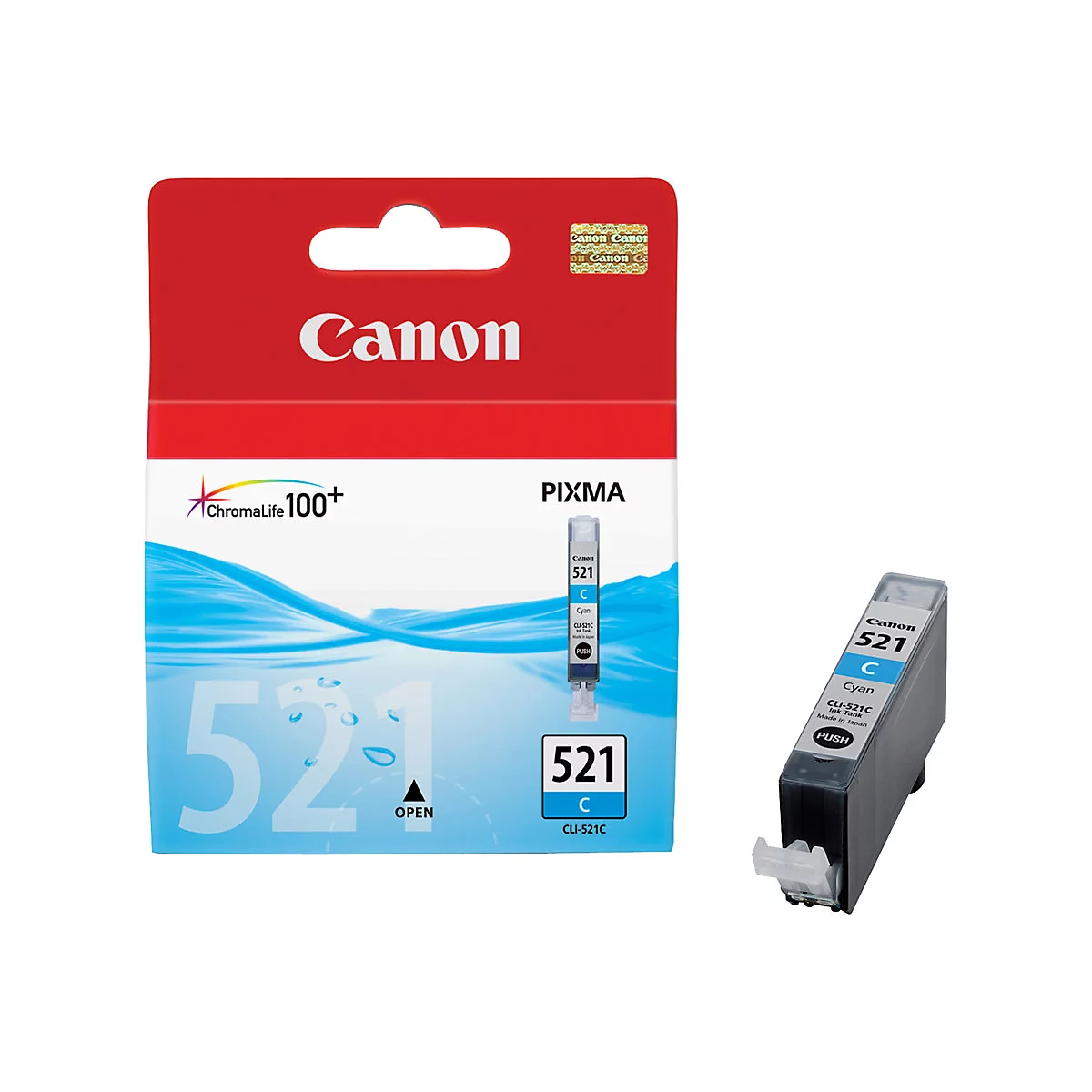 Eine Canon Tintenpatrone und die Verpackung, rot-weiß-blau, Aufschrift 521 C, Cyan. Einzeln mit 'Push' Beschriftung.