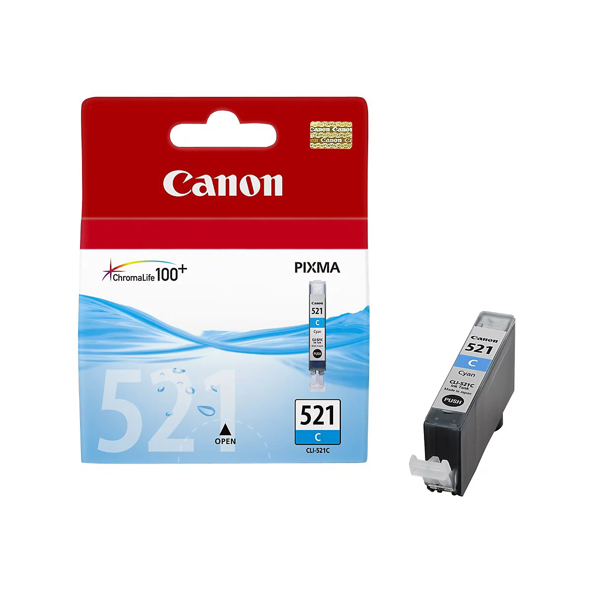 Eine Canon Tintenpatrone, dargestellt als Verpackung und einzelne Patrone. Beschriftung: 521, Cyan.