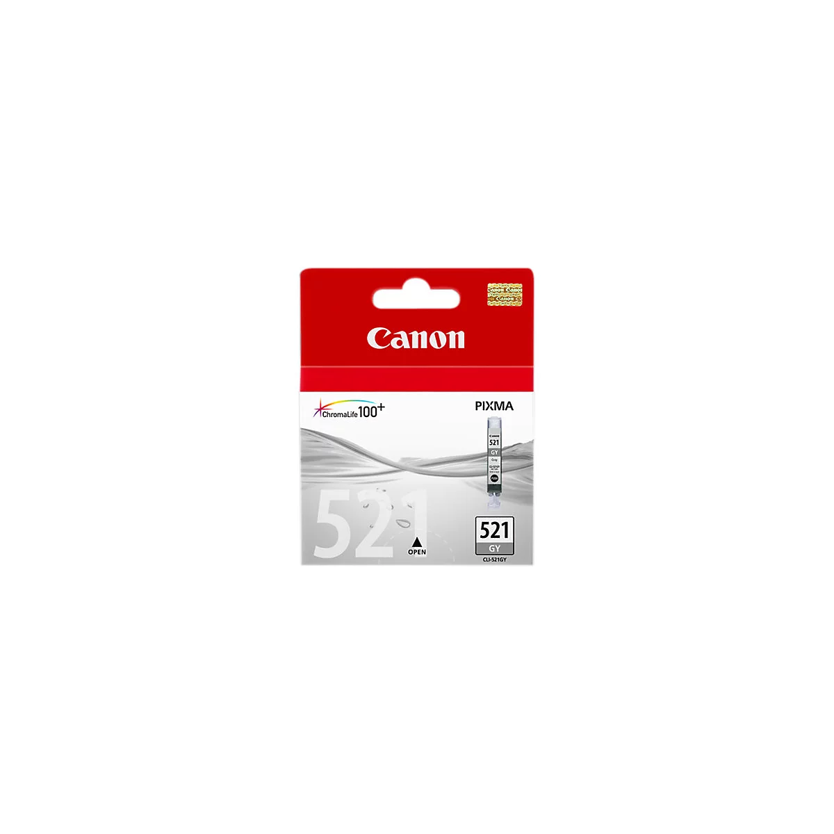 Graue Canon-Tintenpatrone in Verpackung. Aufdruck: Canon, Pixma, 521 GY.