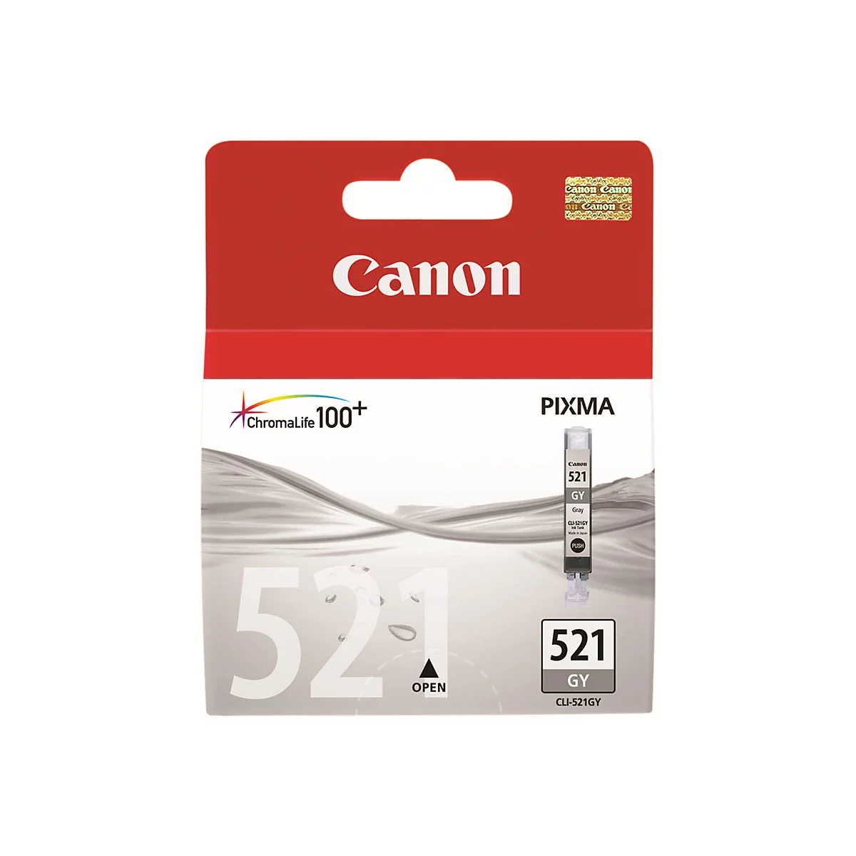 Verpackung einer Canon Tintenpatrone. Aufdruck: Canon, Pixma, 521 GY. Auf der Verpackung steht 521 und CLI-521GY.