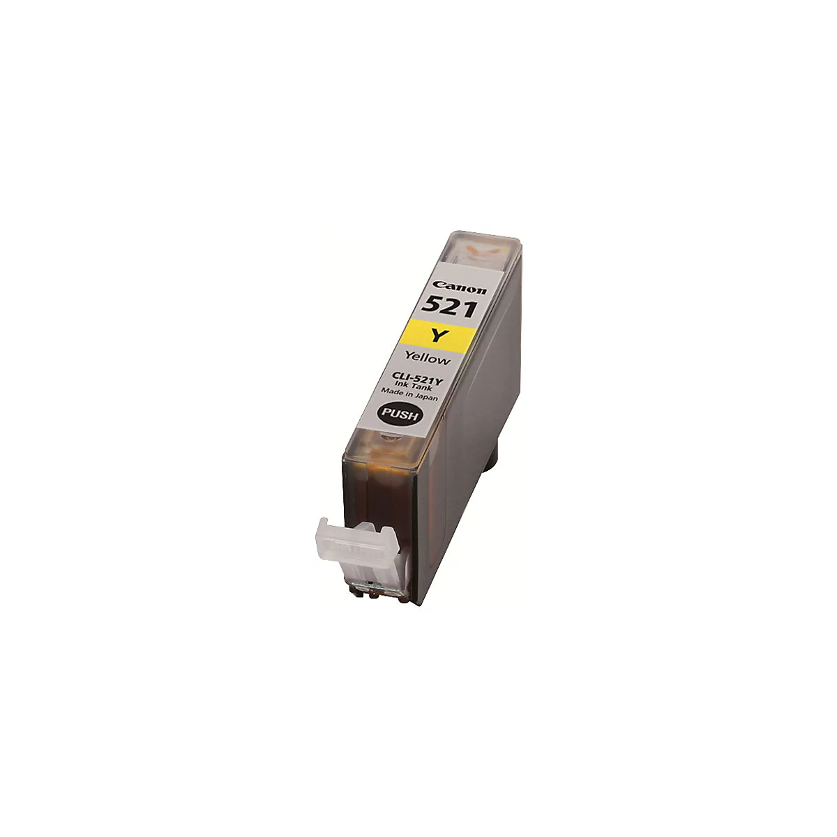 Gelbe Canon Tintenpatrone, Modell 521Y, mit Produktbeschriftung. Aufdruck: "PUSH".