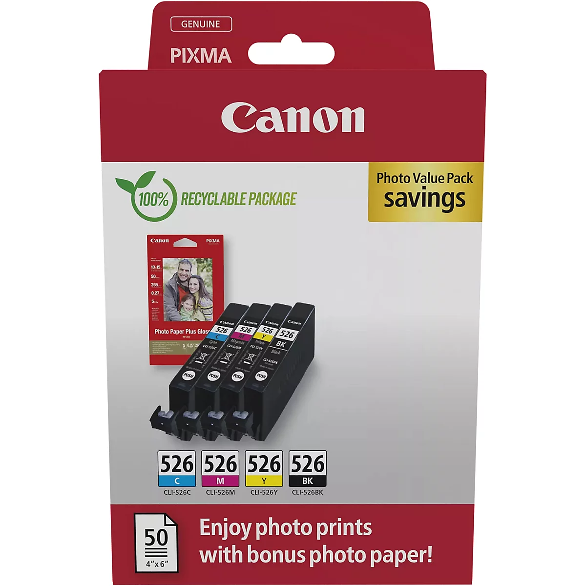 Canon Druckerpatronen-Set, 4 Patronen mit Fotopapier, 50 Blatt.