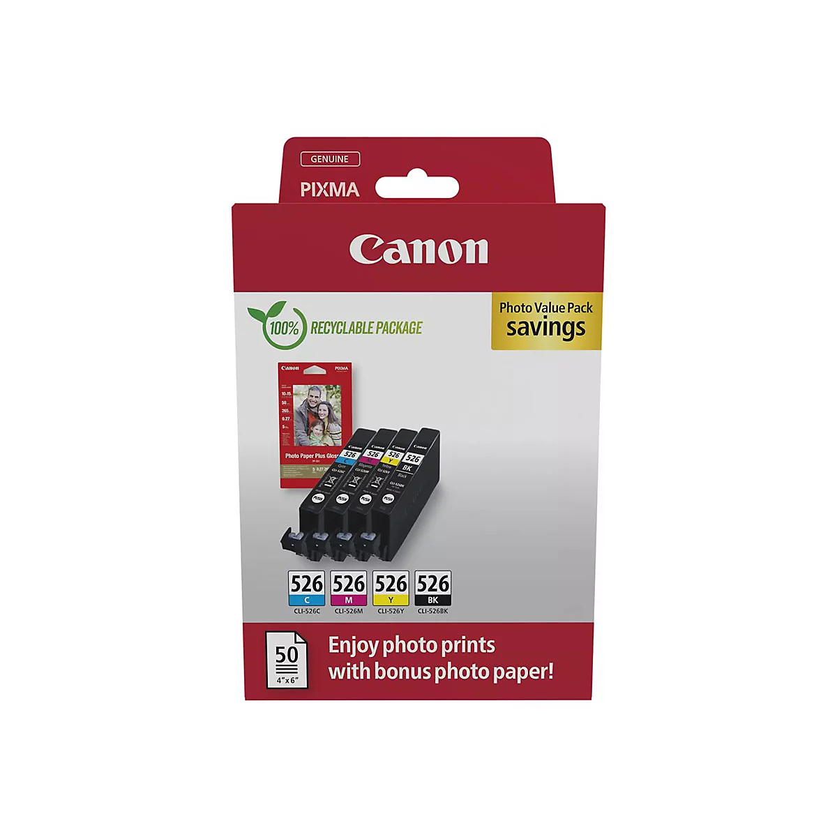 Canon Druckerpatronen-Packung, mit 4 Patronen. Text: 526, 100% recyclebare Verpackung. Zusätzliches Fotopapier.