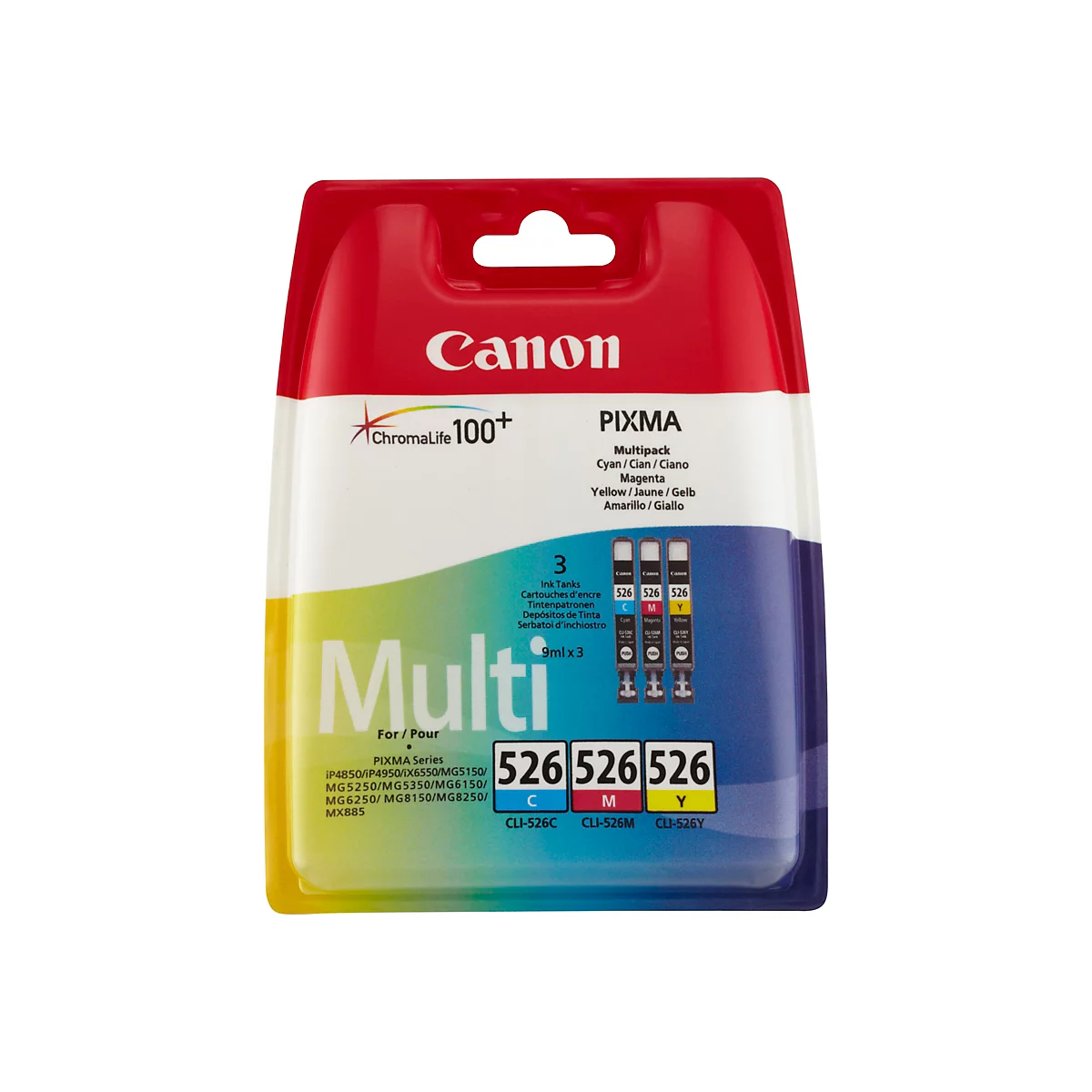 Verpackung von Canon Druckerpatronen. Das Produkt ist in einer Plastikverpackung mit roter und blauer Farbe eingeschweißt.