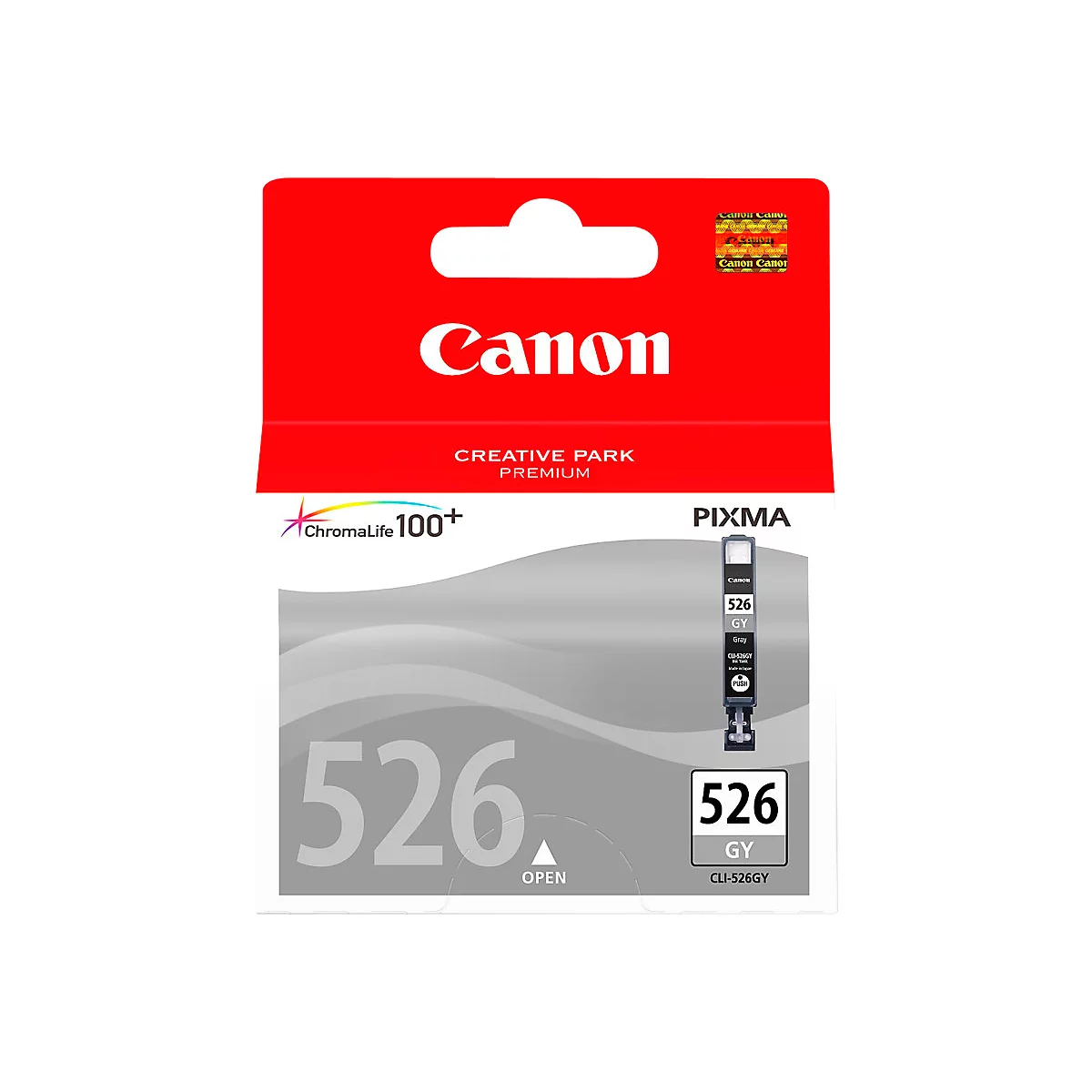 Eine Canon Tintenpatrone, Modell 526 GY, in roter und grauer Verpackung. Das Canon Logo und Produktbezeichnungen sind sichtbar.