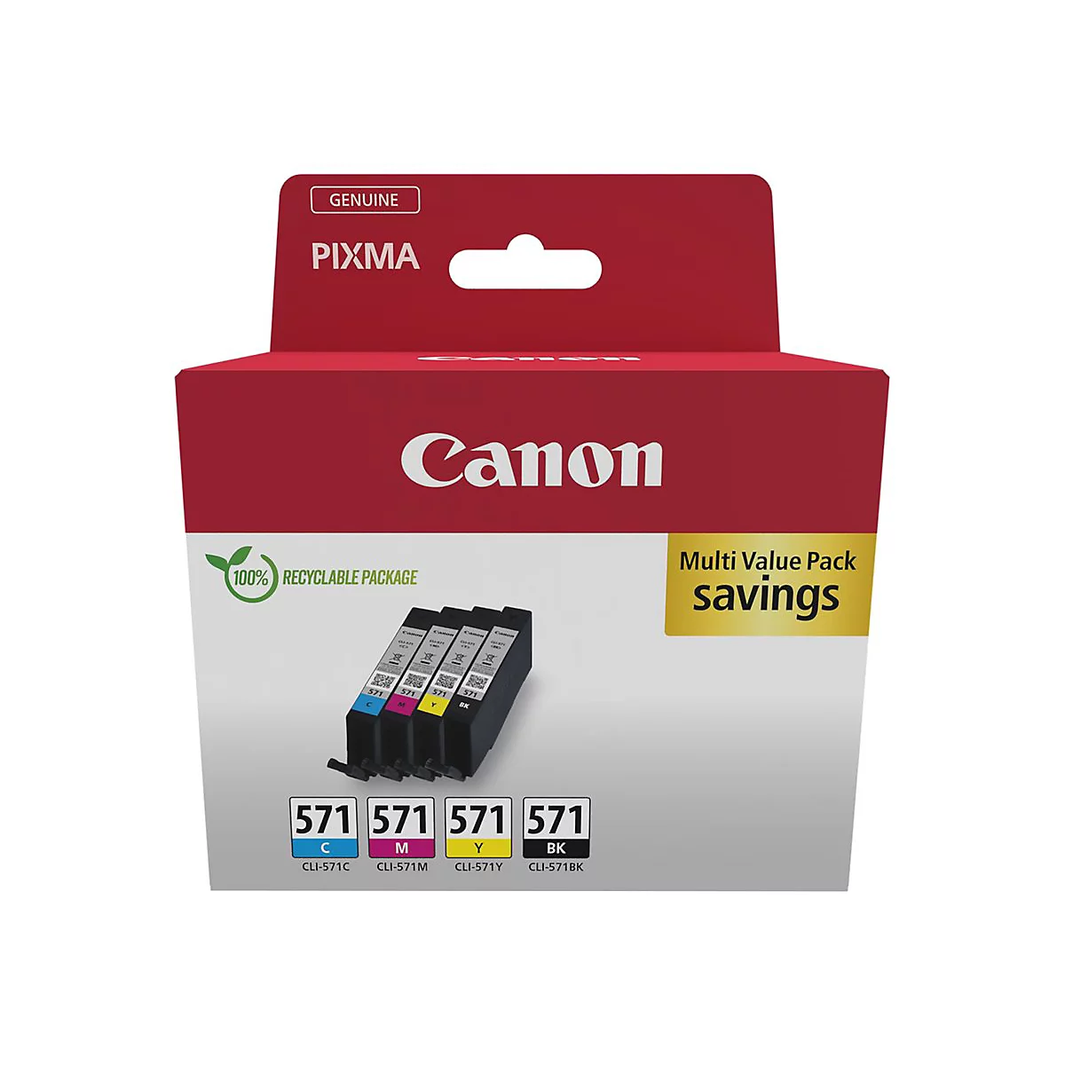 Karton mit Canon-Tintenpatronen, rot-weiß mit dem Schriftzug 'Canon' und 'Multi Value Pack savings'.