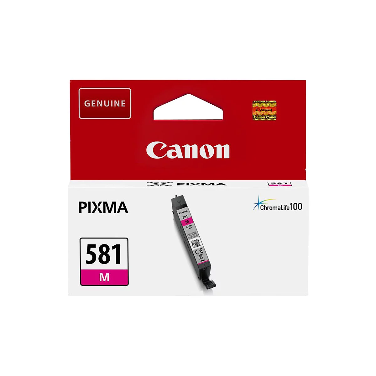 Canon Druckerpatrone 581 M, magenta. Verpackung mit Produktinformationen und Logo.