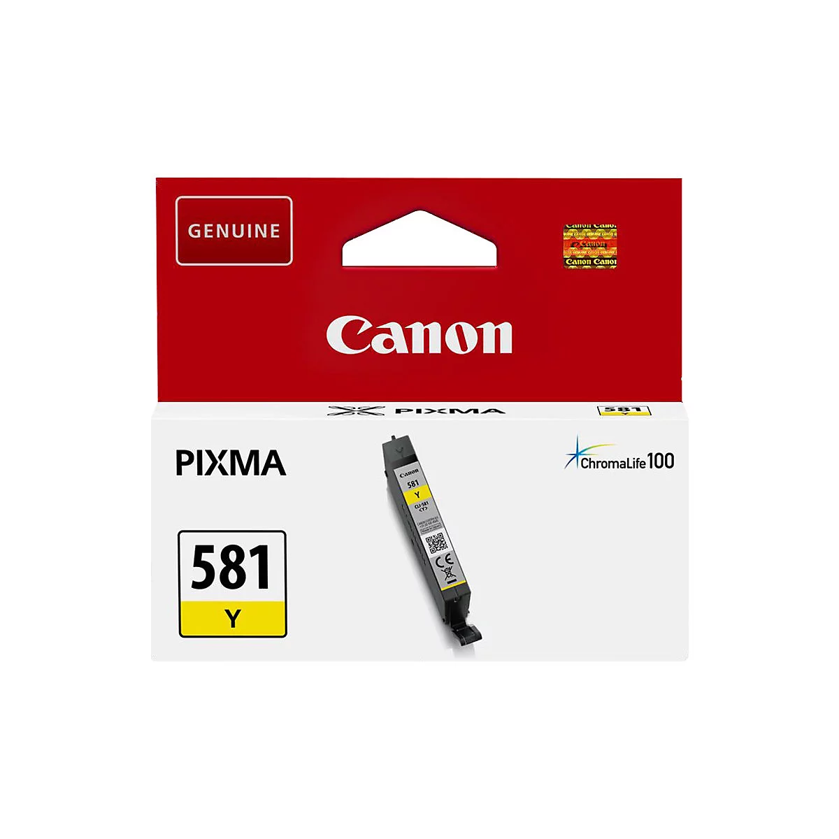 Gelbe Canon Pixma 581 Y Tintenpatrone, Originalverpackung mit rotem Hintergrund und dem Schriftzug Canon.