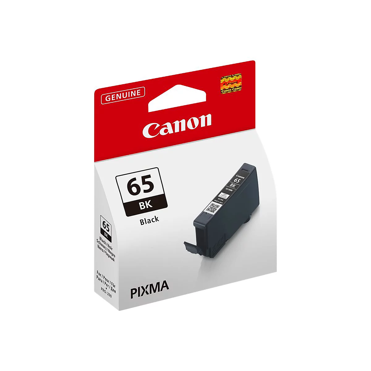 Schwarze Canon Tintenpatrone 65 BK, abgebildet in der Verpackung. Aufdruck: Canon, Black, Pixma, Genuine.