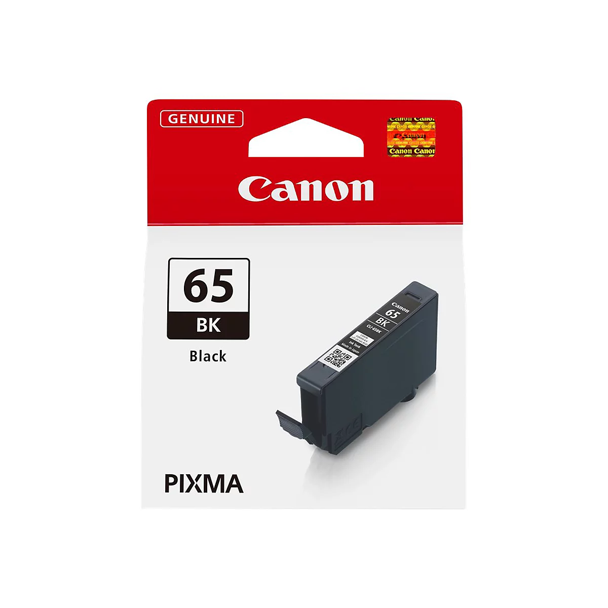 Schwarze Tintenpatrone Canon 65 BK. Aufdruck: Genuine, Canon, Pixma.