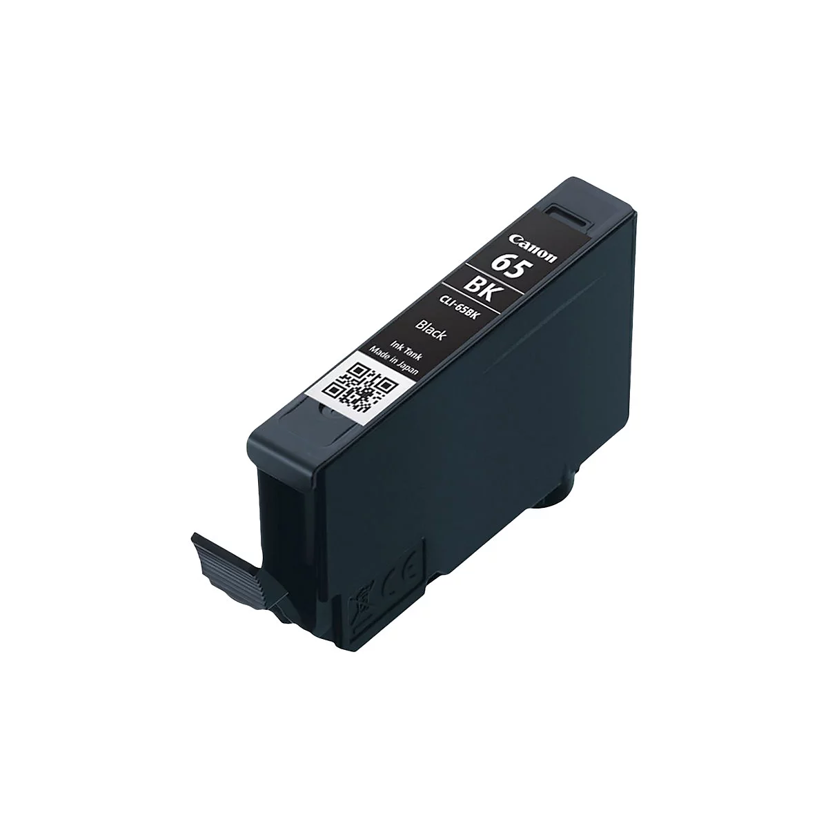 Schwarze Canon Tintenpatrone, Modell 65 BK, mit QR-Code und Produktbeschriftung.