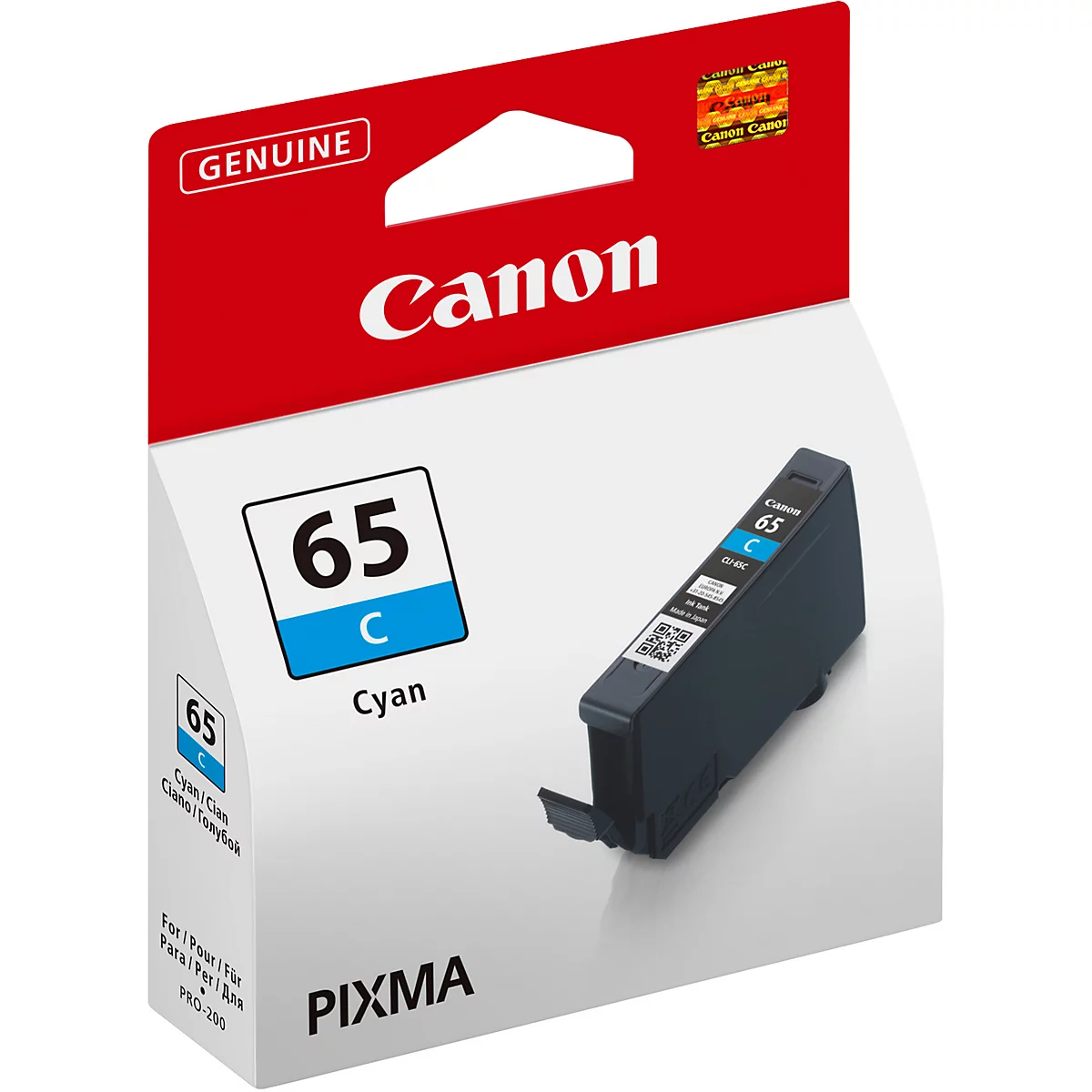 Eine Canon Tintenpatrone, Modell 65 C, Cyan. Auf der Verpackung steht "Canon", "Genuine", und "PIXMA".