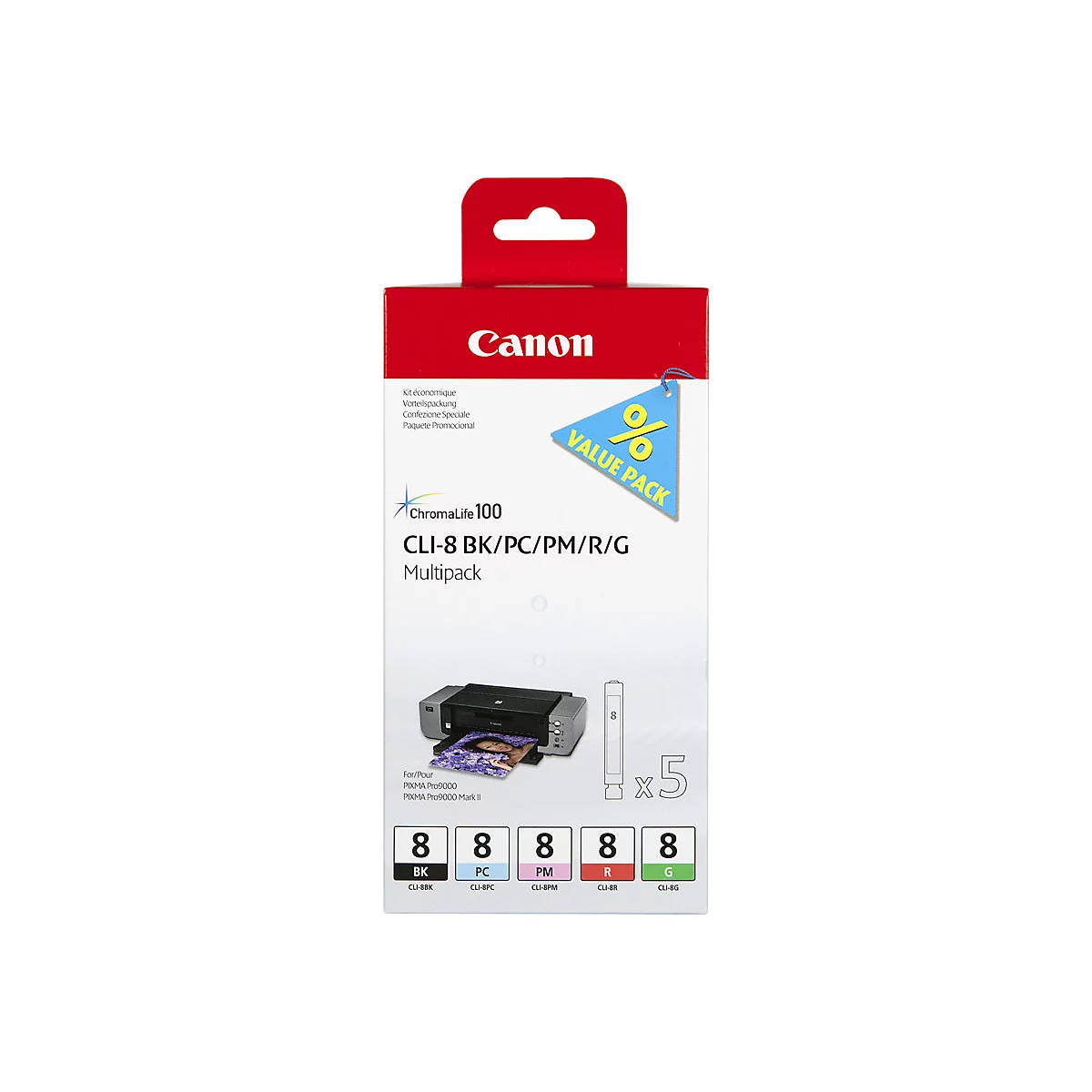 Eine Canon-Tintenpatronen-Multipack-Verpackung, rot und weiß, mit Produktinformationen und farbigen Patronen, Detailansicht.