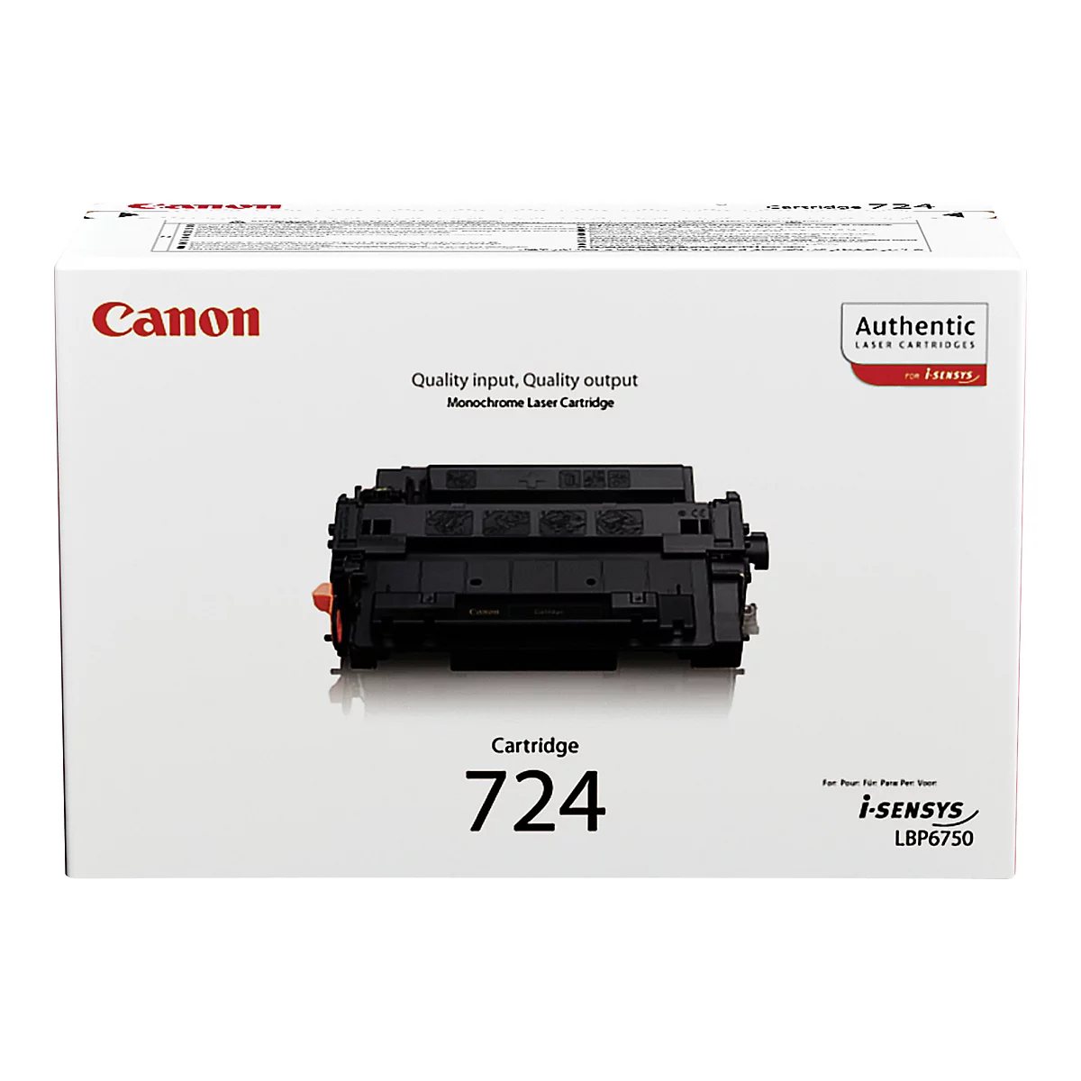 Cartouche de toner Canon 724 noire dans son emballage. Inscriptions : Canon, QualitÃ© Ã  l'entrÃ©e, qualitÃ© Ã  la sortie, Cartouche laser monochrome.