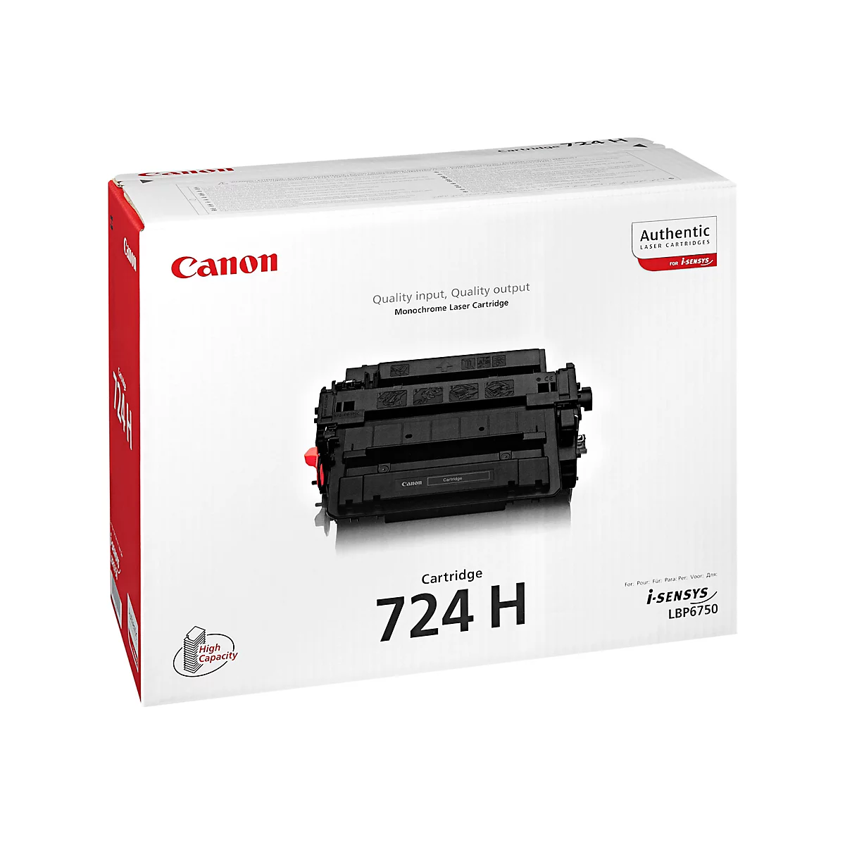 La cartouche de toner Canon 724 H est prÃ©sentÃ©e sur son emballage. L'emballage est blanc avec le logo rouge Canon et contient la cartouche elle-mÃªme.