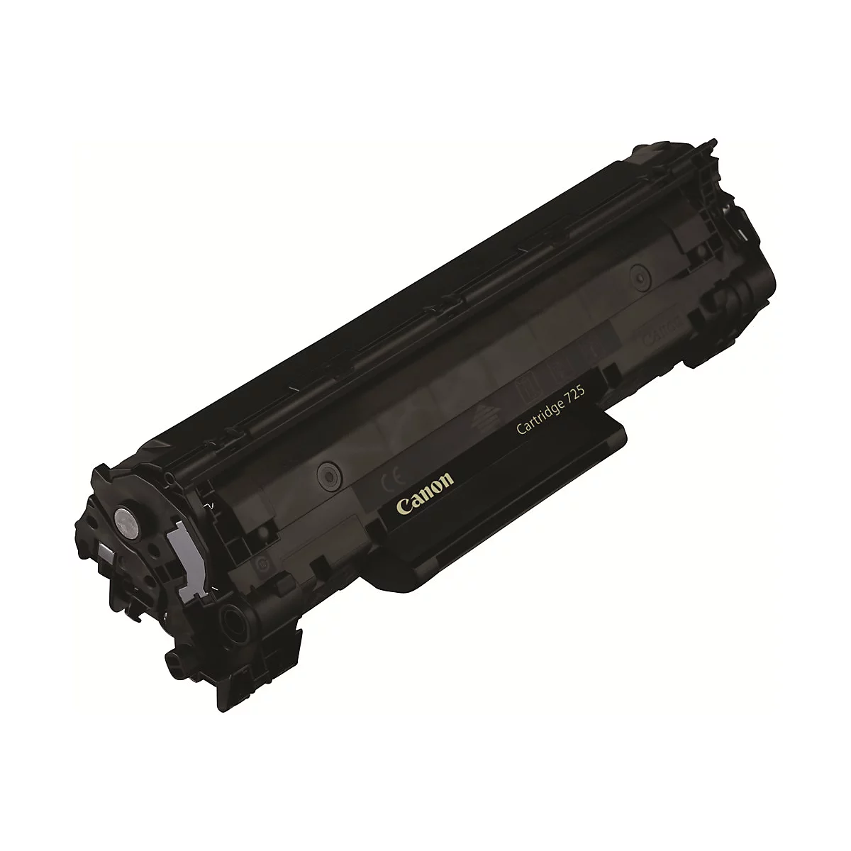Schwarze Canon-Tonerkartusche, Modell 725, schräg vor weißem Hintergrund.