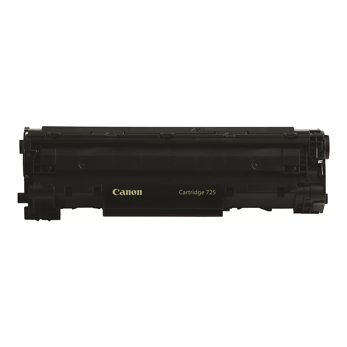 Schwarze Canon Tonerkartusche 725 auf weißem Hintergrund. Aufschrift 'Canon' und 'Cartridge 725'.