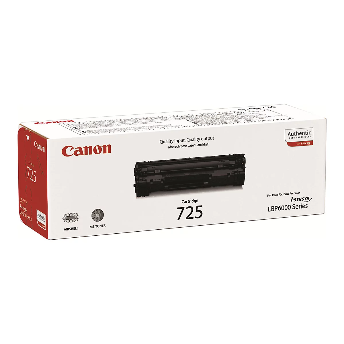 Druckerpatrone Canon 725 in der Originalverpackung. Aufdrucke: Canon, 725, i-SENSYS und weitere Produktinformationen.