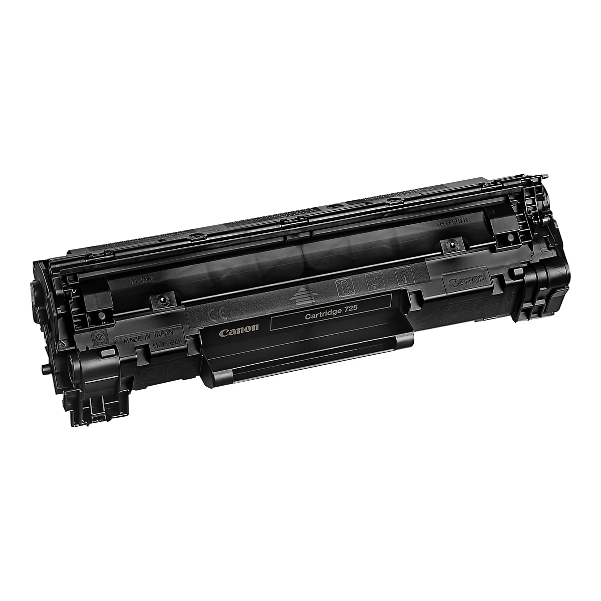 Schwarze Canon Toner-Kartusche, schräg vor weißem Hintergrund. Auf der Kartusche steht: Cartridge 725.