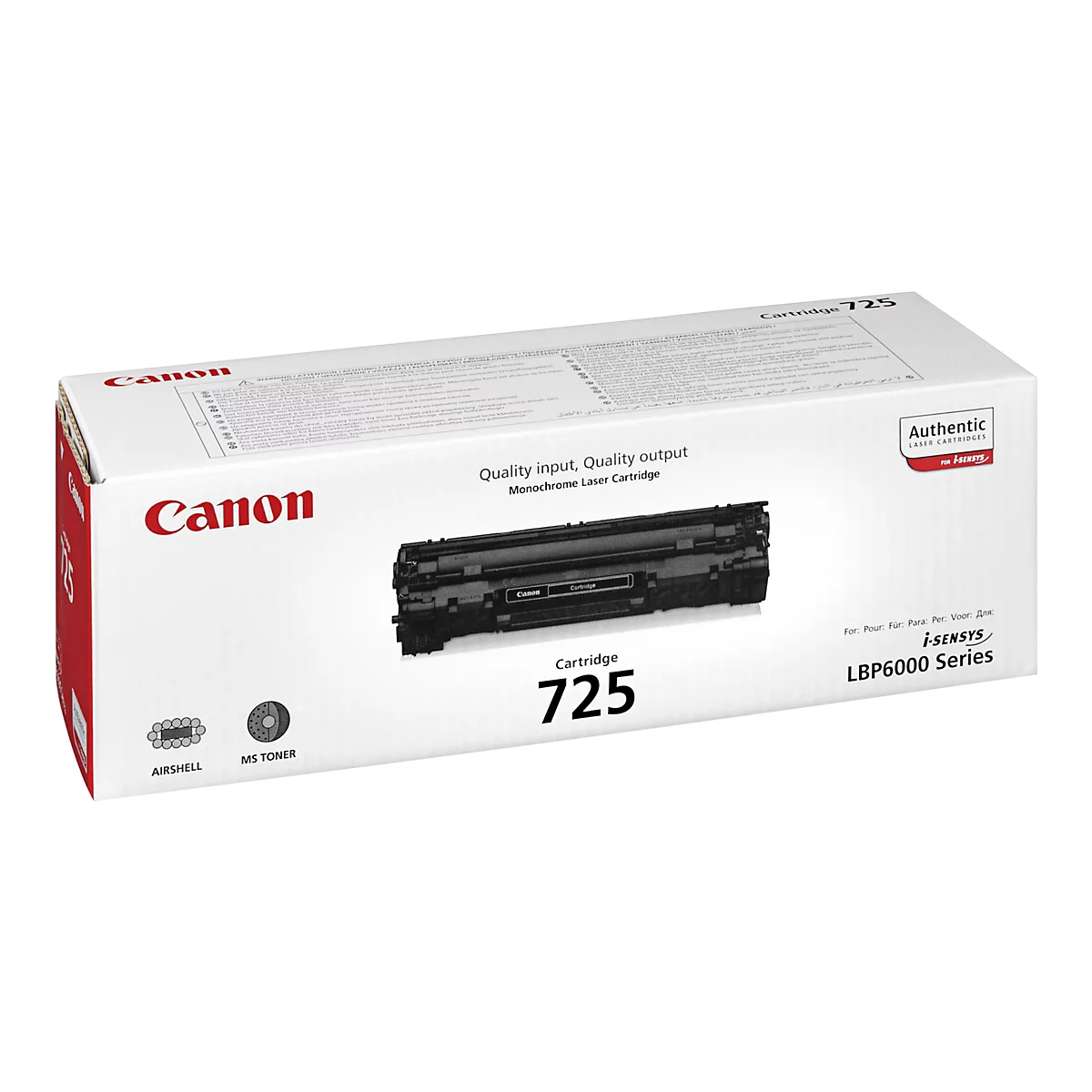Eine Canon Tonerpatrone 725 in ihrer Verpackung, vor weißem Hintergrund. Die Verpackung hat rote und weiße Elemente mit dem Canon-Logo.