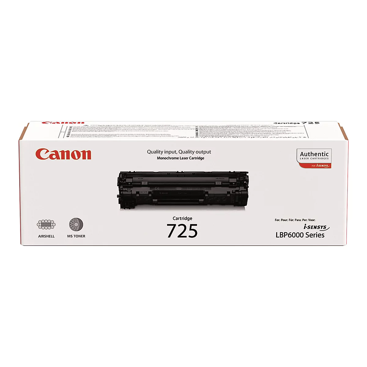 Eine Druckerpatronenverpackung der Marke Canon. Auf der weißen Verpackung stehen Logos und Text. Oben steht "Cartridge 725". Darunter ein Bild der schwarzen Druckerpatrone. Auf der Verpackung steht zudem "Authentic Laser Cartridges".
