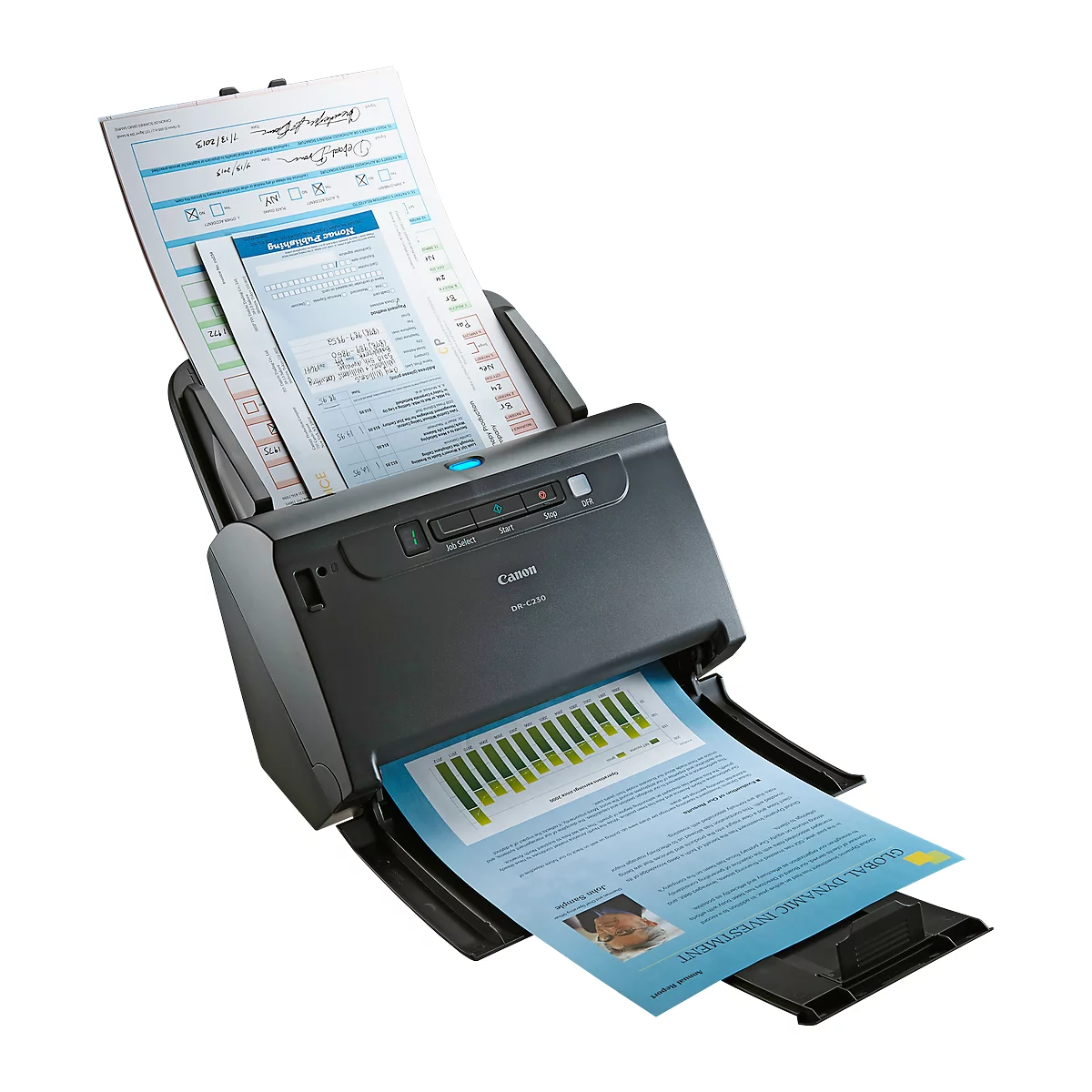 A black Canon scanner is pulling in documents. Papers are in the feeder above, and a sheet is being output below. Blue lights.