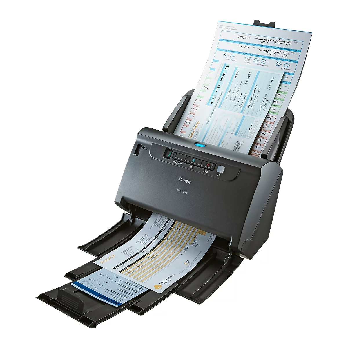 Black Canon scanner with documents inserted, in the process of scanning. Paper is fed in at the top and output at the bottom.