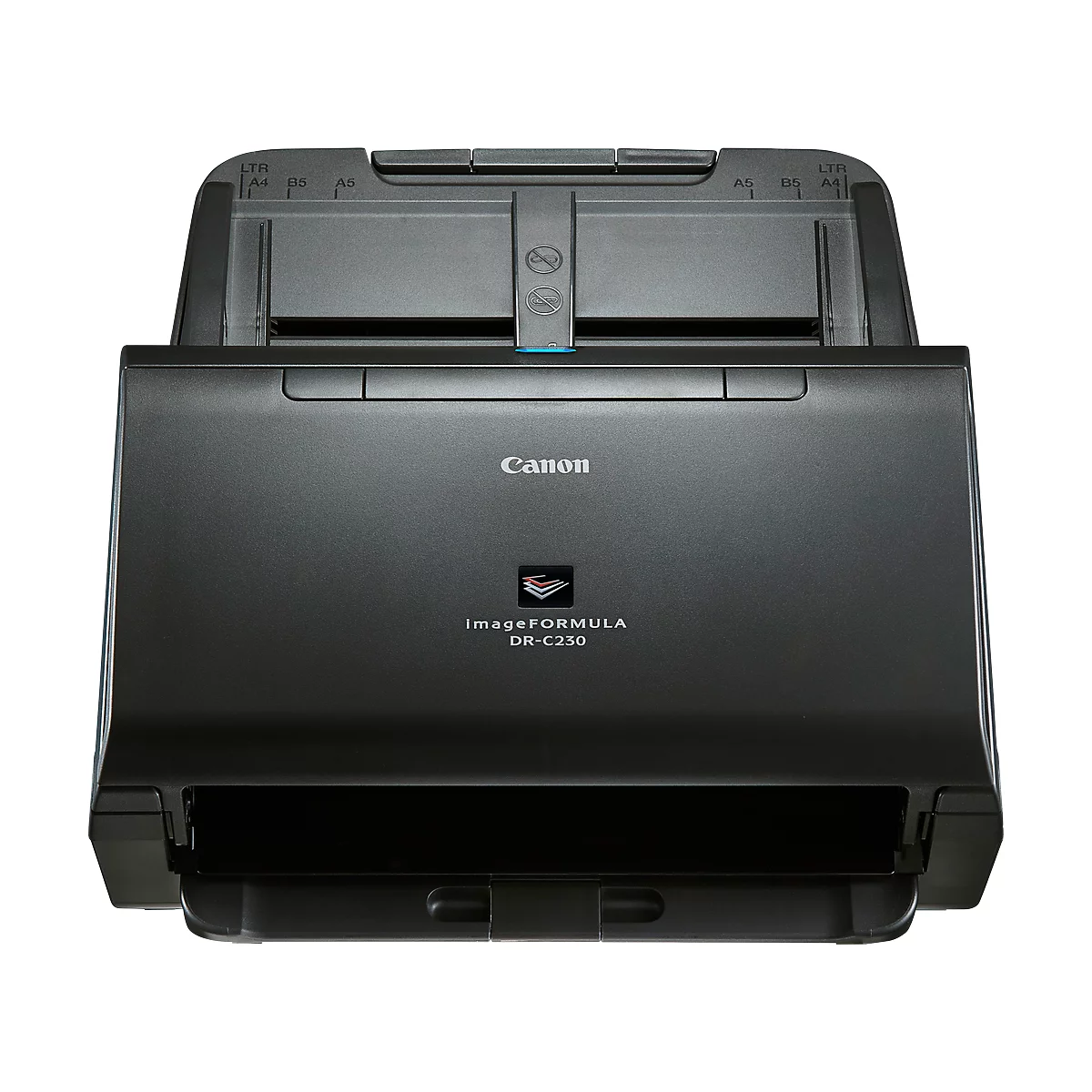 A black Canon scanner with the input cover open. "Canon" and "imageFORMULA DR-C230" are on the front.