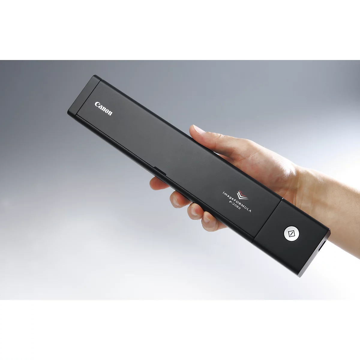 Black scanner in hand, Canon logo, text: imageFORMULA P-208II.