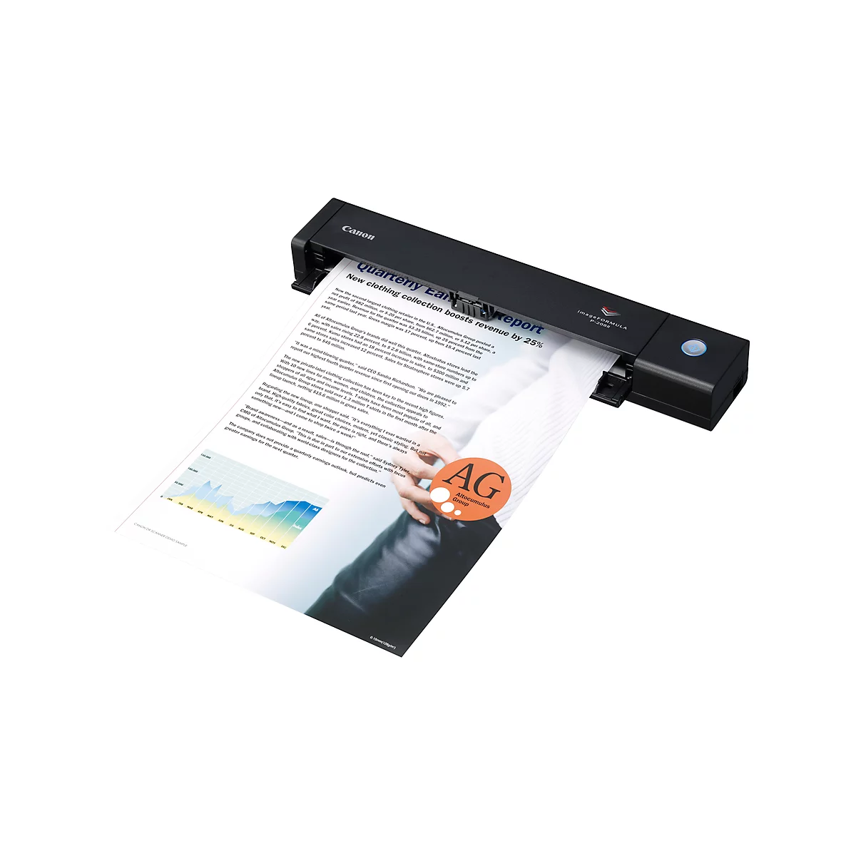 Black Canon scanner scanning a document. The paper is coming out of the scanner. Text is visible on the paper. The scanner has a blue button.
