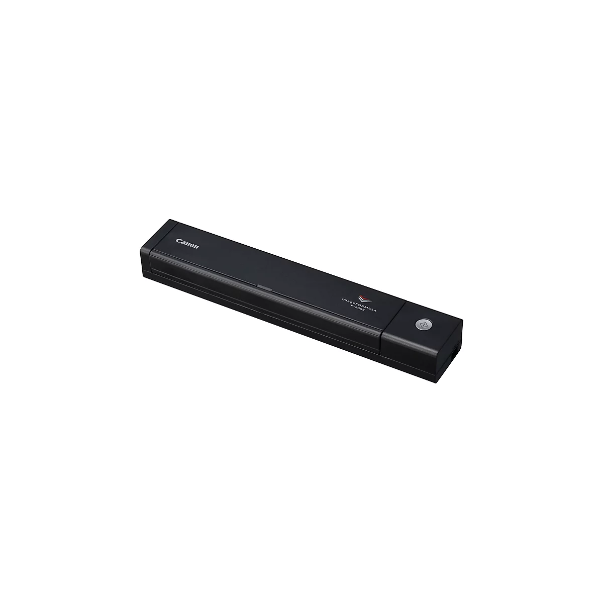 Black Canon scanner on white background. A button and text are visible.