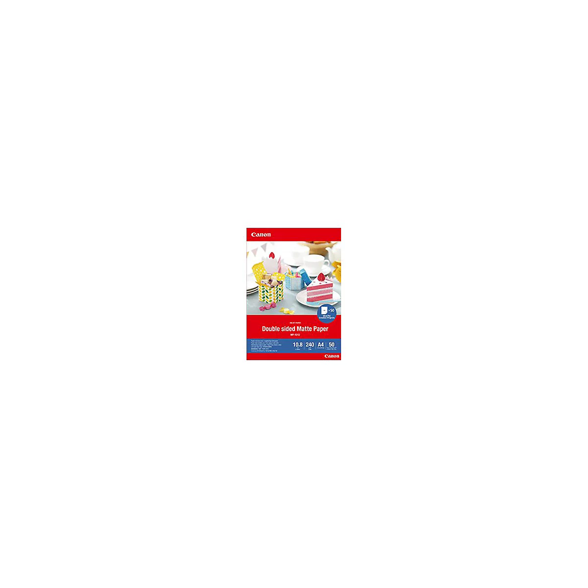 Verpackung von Canon Double sided Matte Paper mit gebastelten Papierobjekten wie Tortenstücken.