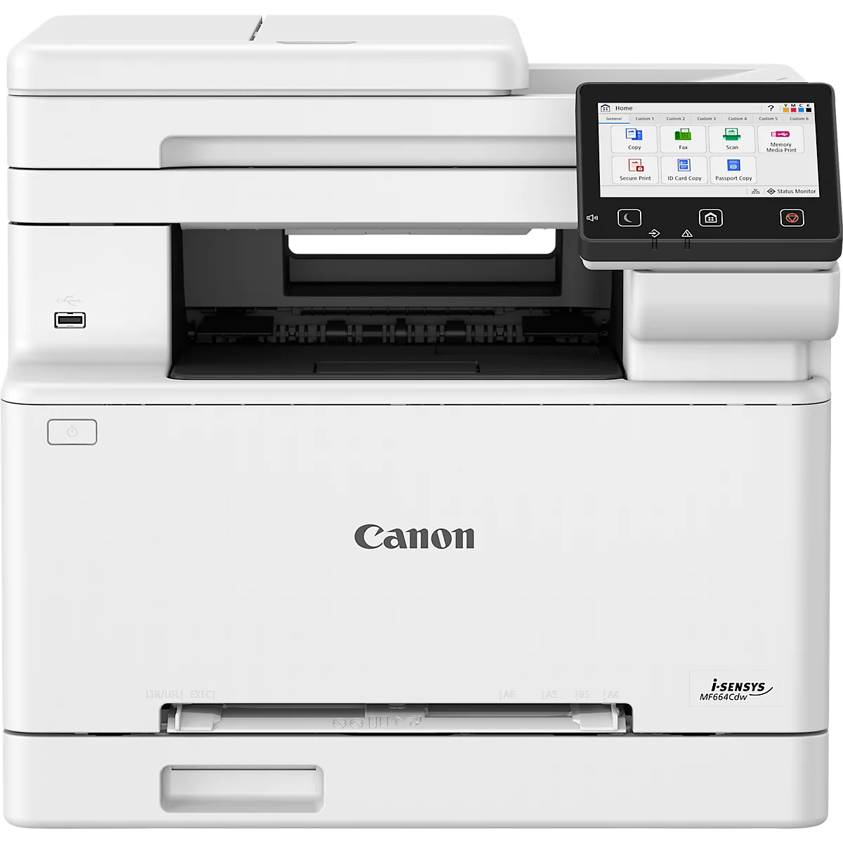 Weißer Canon Laserdrucker, Touchscreen-Display, USB-Anschluss, Papiereinzug unten.