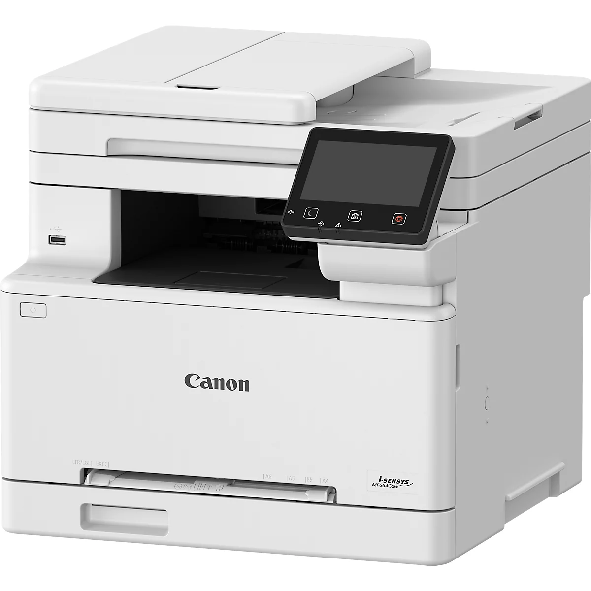 Weißer Canon-Laserdrucker mit Bedienfeld und USB-Anschluss. Das Papierfach ist ausgezogen.
